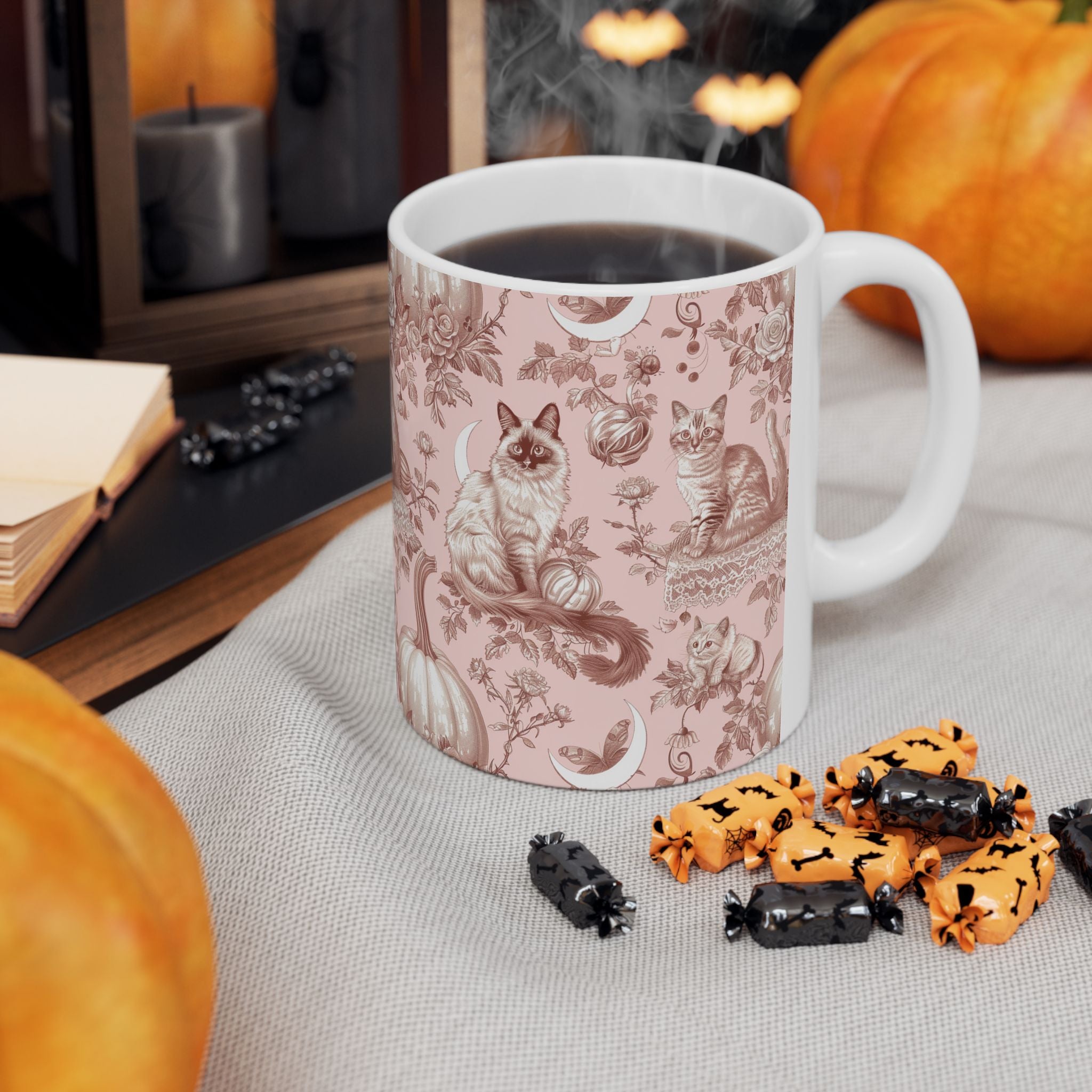 Blush Moonlight Cats Mug – Vintage Toile Autumn Coffee Cup