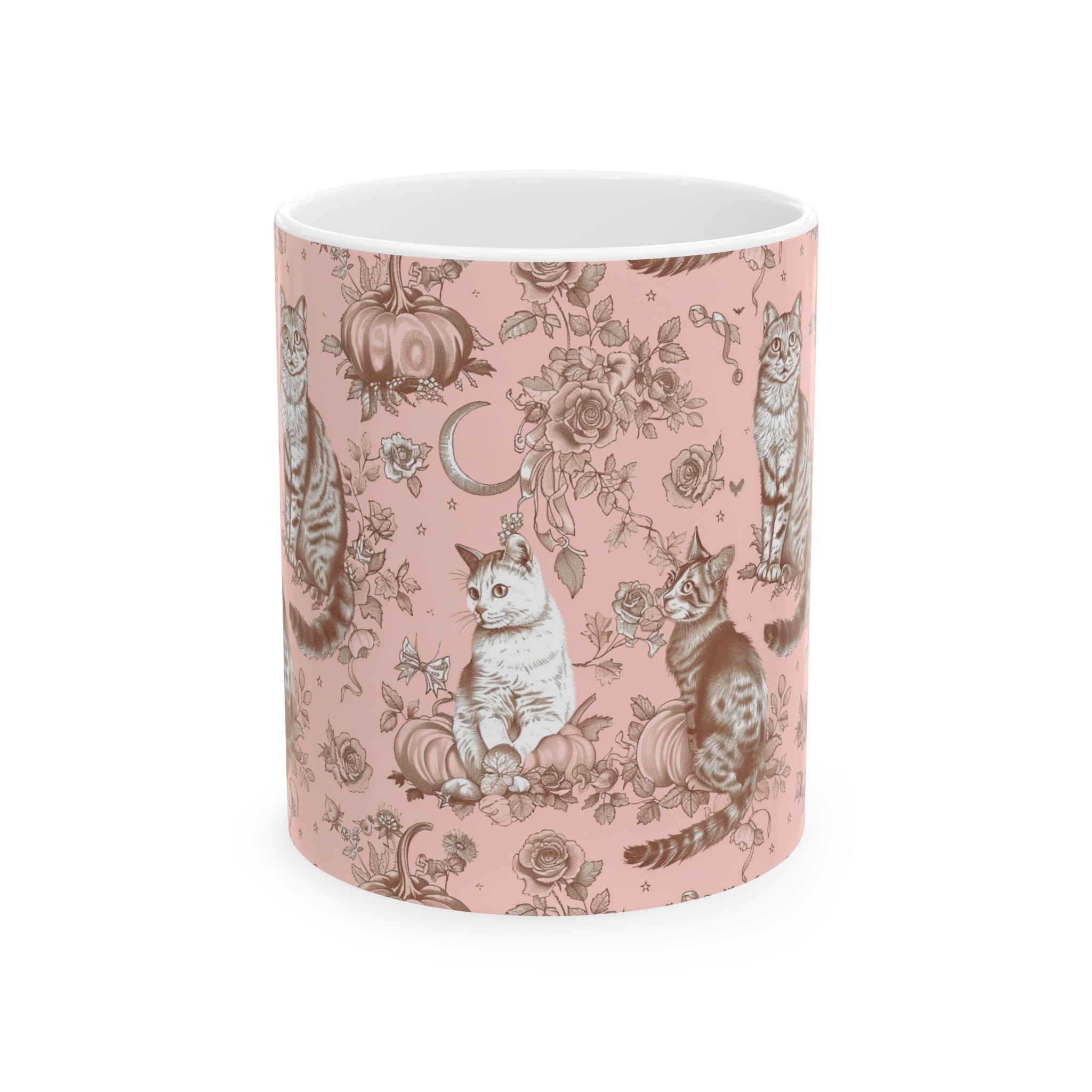 Vintage Blush Cat Mug – Pumpkin & Rose Toile Coffee Cup | Cozy Fall Gift for Cat Lovers