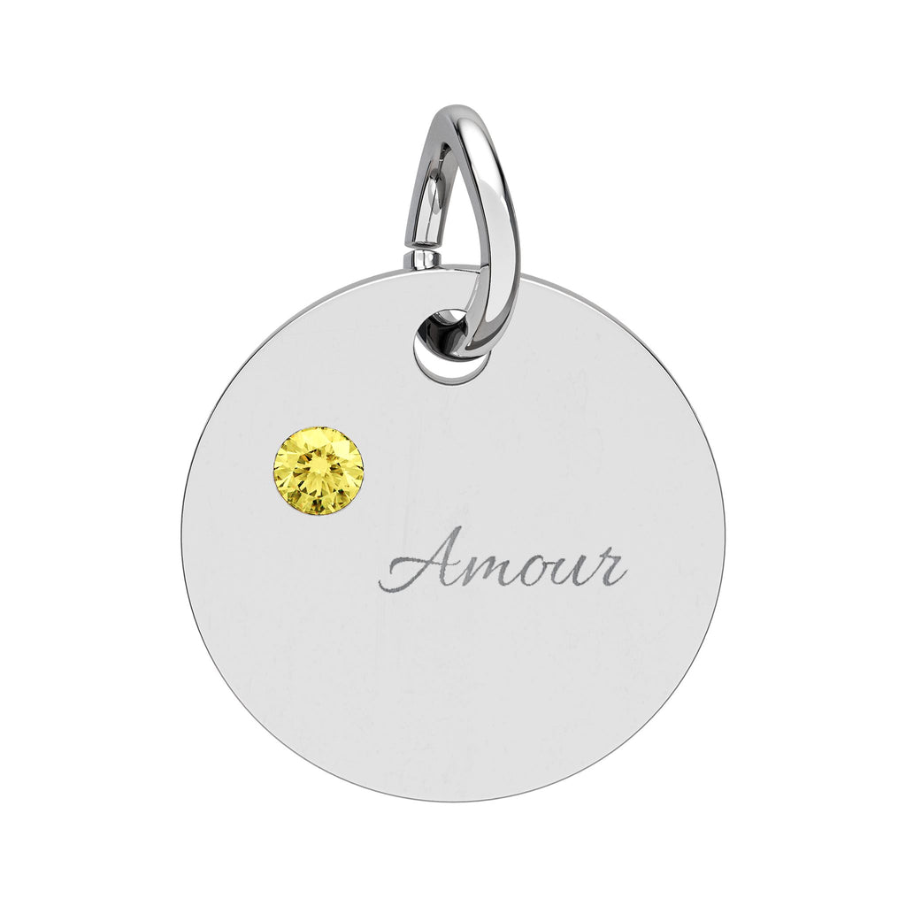AMOUR Gold Plate CZ Ruby Charm – Romantic Keepsake Pendant, Birthstone Circle Charm (Engraving)