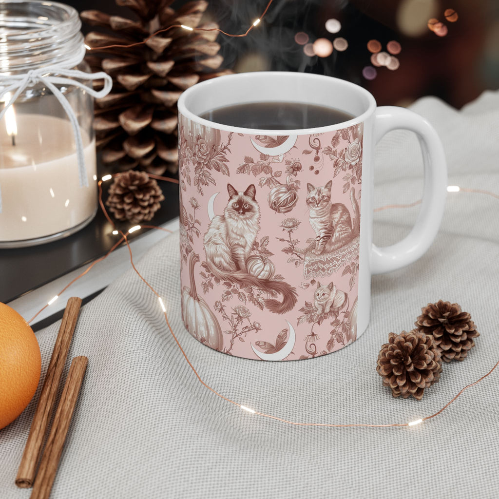 Blush Moonlight Cats Mug – Vintage Toile Autumn Coffee Cup