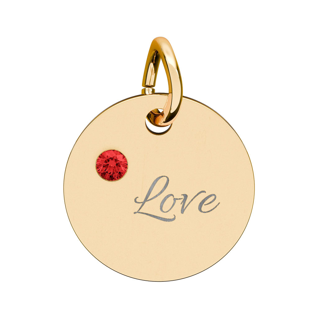 LOVE — Gold Plated Ruby Valentine Charm,  Birthstone Circle Charm (Engraving)