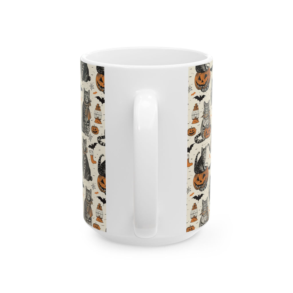 Vintage Halloween Cat Mug – Cozy Autumn Coffee Cup with Pumpkins, Bats & Black Cats