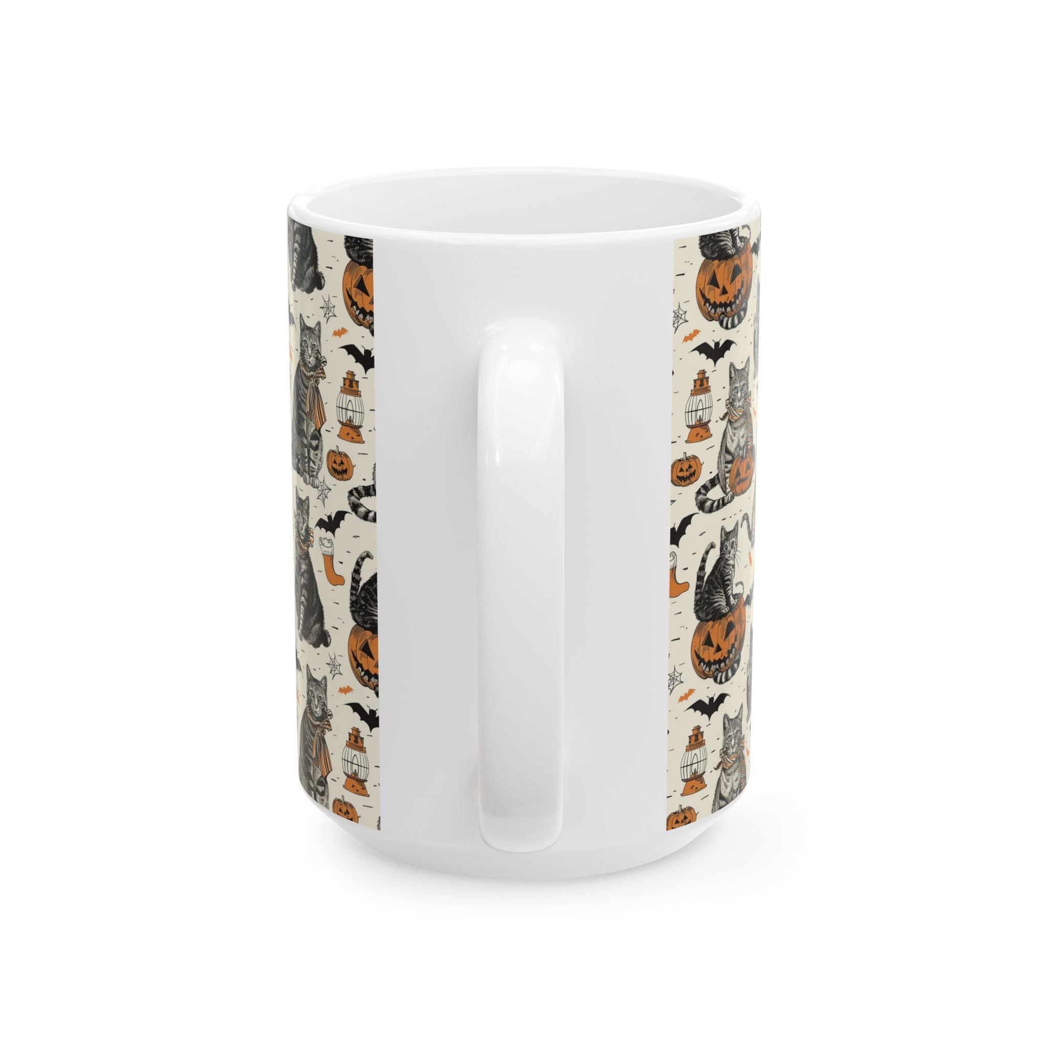 Vintage Halloween Cat Mug – Cozy Autumn Coffee Cup with Pumpkins, Bats & Black Cats