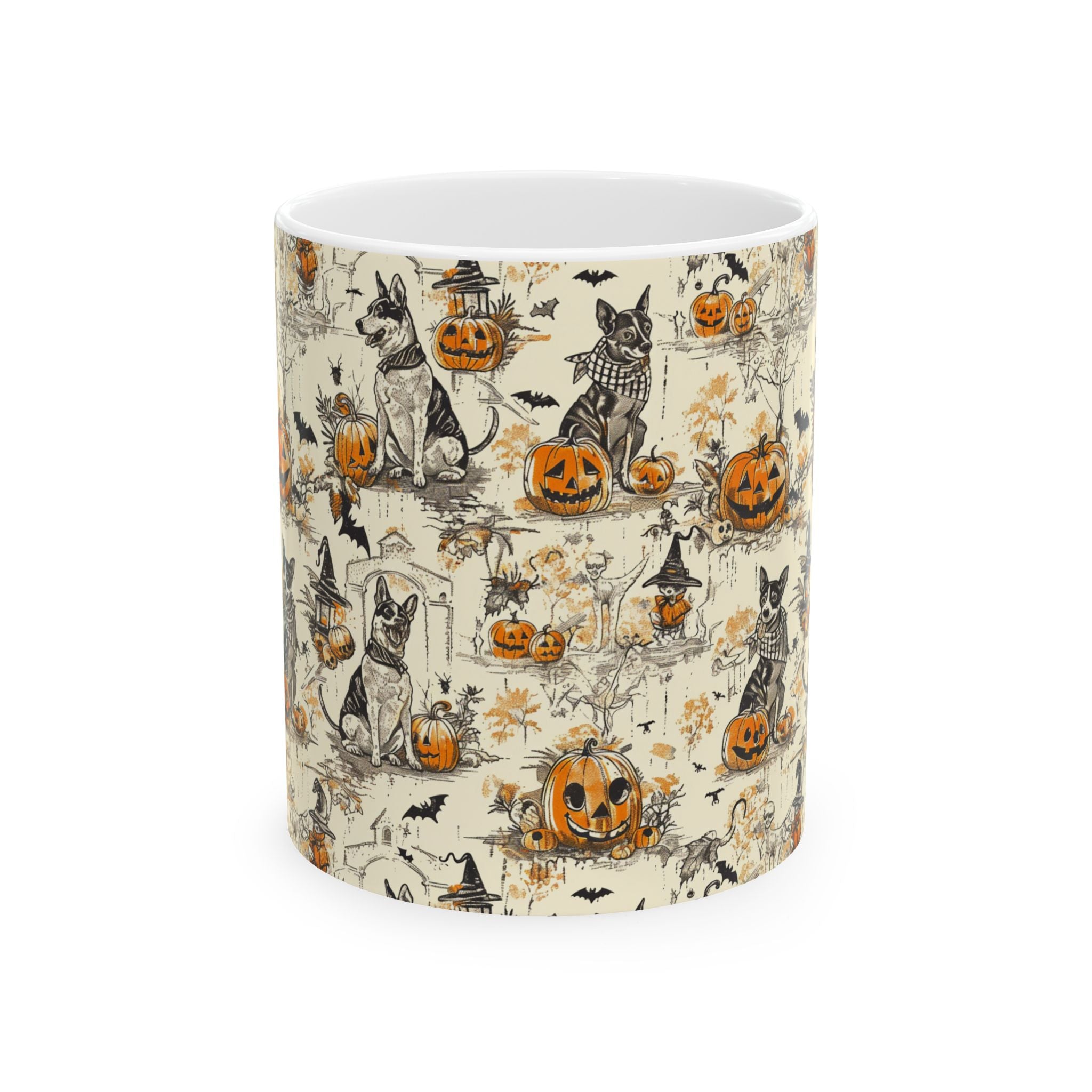 Vintage Halloween Dog Mug – Cozy Fall Coffee Cup with Pumpkins, Bats & Witchy Dogs