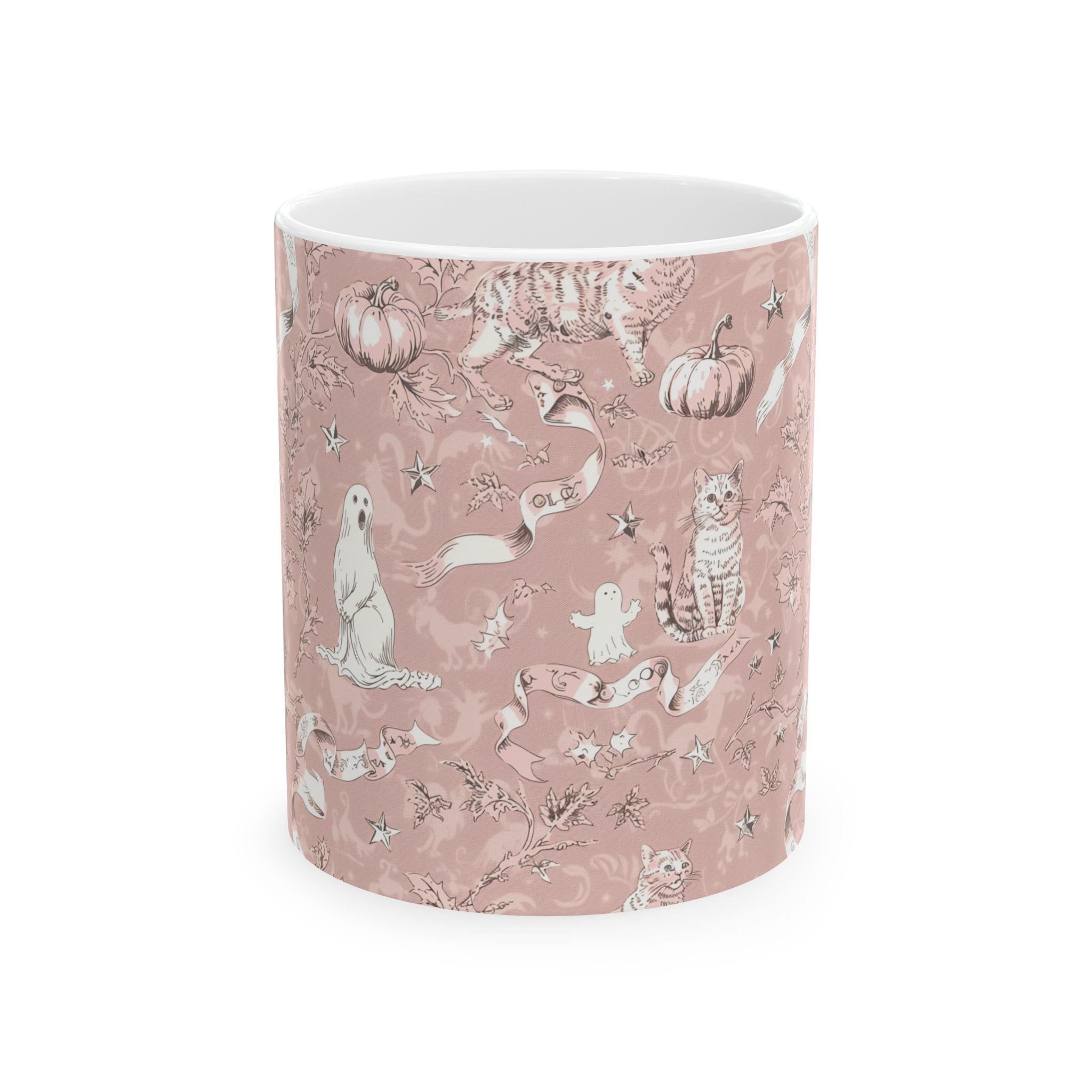 Blush Halloween Mug – Vintage Cat & Ghost Toile | Cozy Fall Coffee Cup