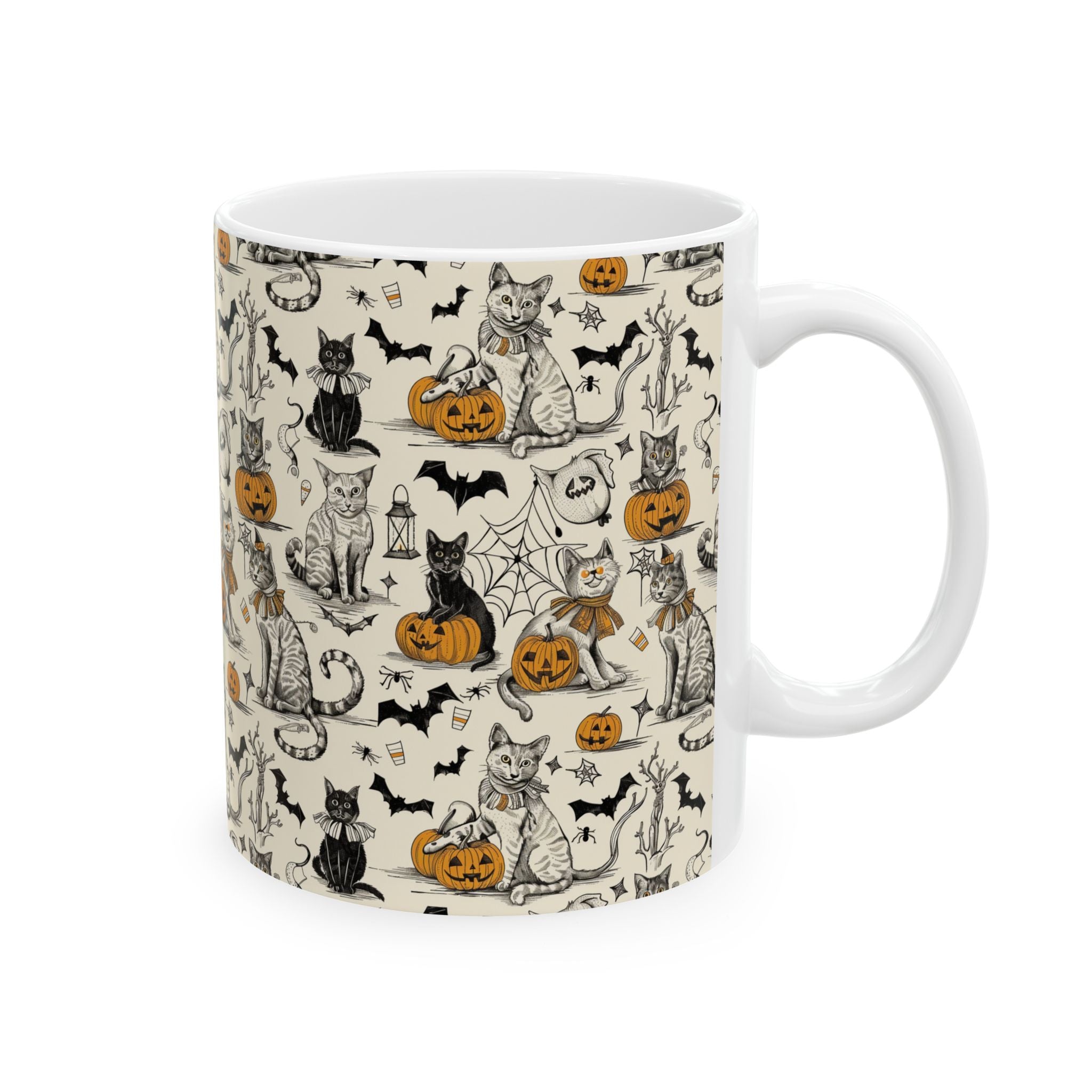 Cozy Vintage Halloween Cat Mug – Adorable Black Cats, Pumpkins & Bats Coffee Cup for Fall Lovers