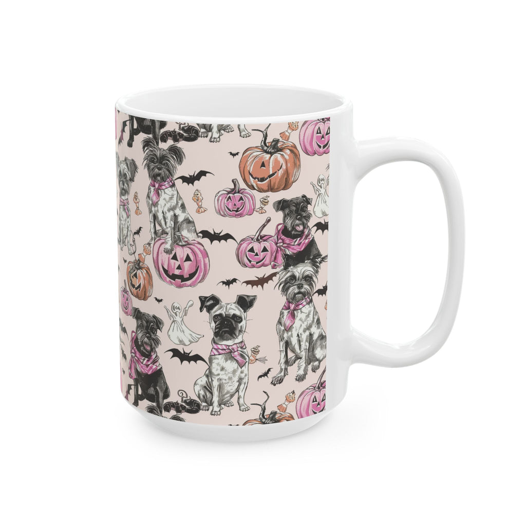 Pink Halloween Dog Mug – Cute Pug & Yorkie Coffee Cup with Pumpkins, Ghosts & Bats