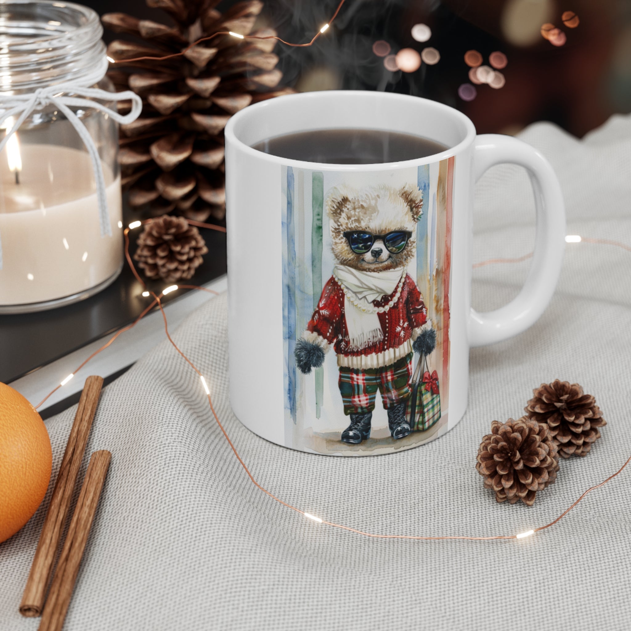 Holiday Chic Teddy Bear Mug – Maison Florenne™ Cozy Plaid & Cocoa Edition Mug 11oz