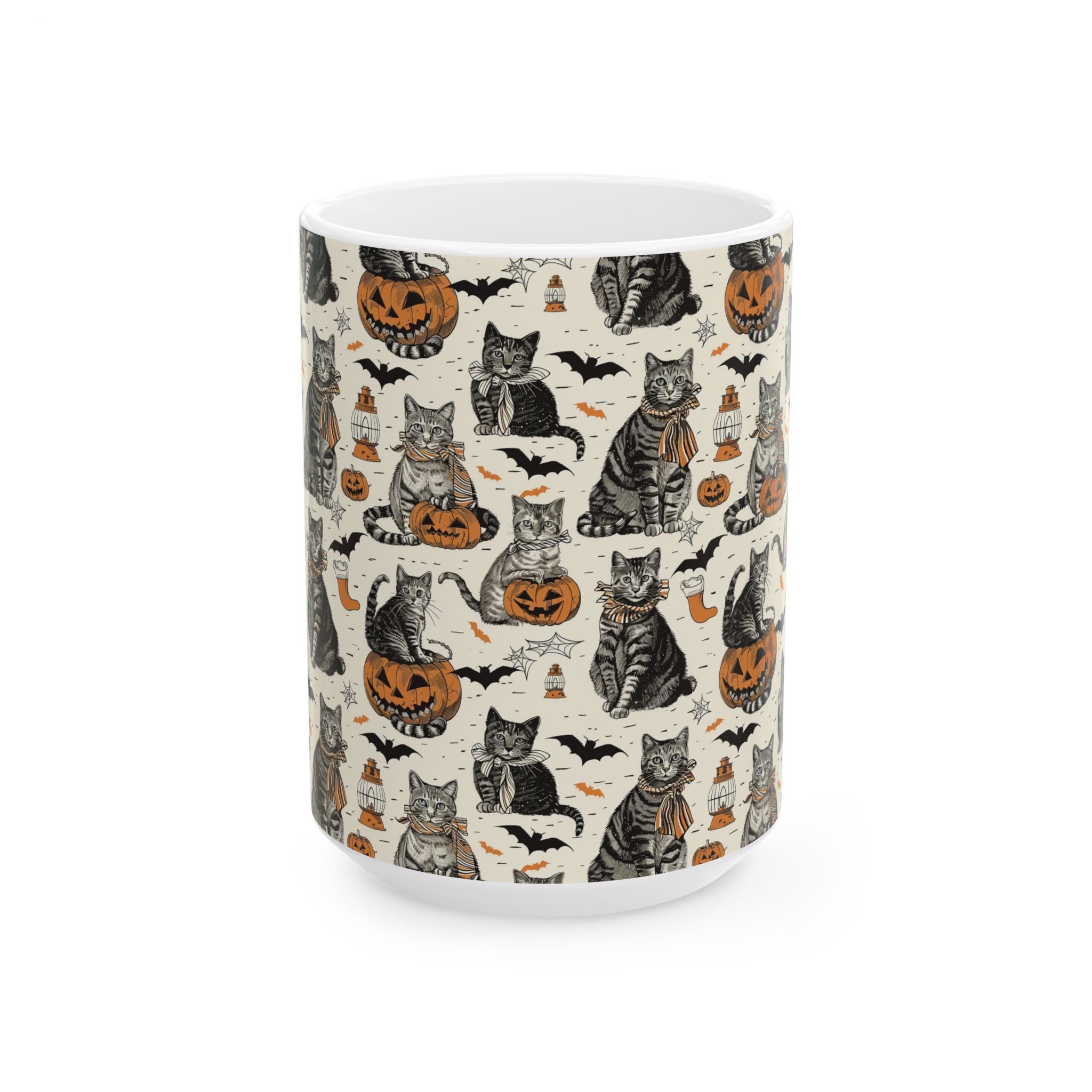 Vintage Halloween Cat Mug – Cozy Autumn Coffee Cup with Pumpkins, Bats & Black Cats
