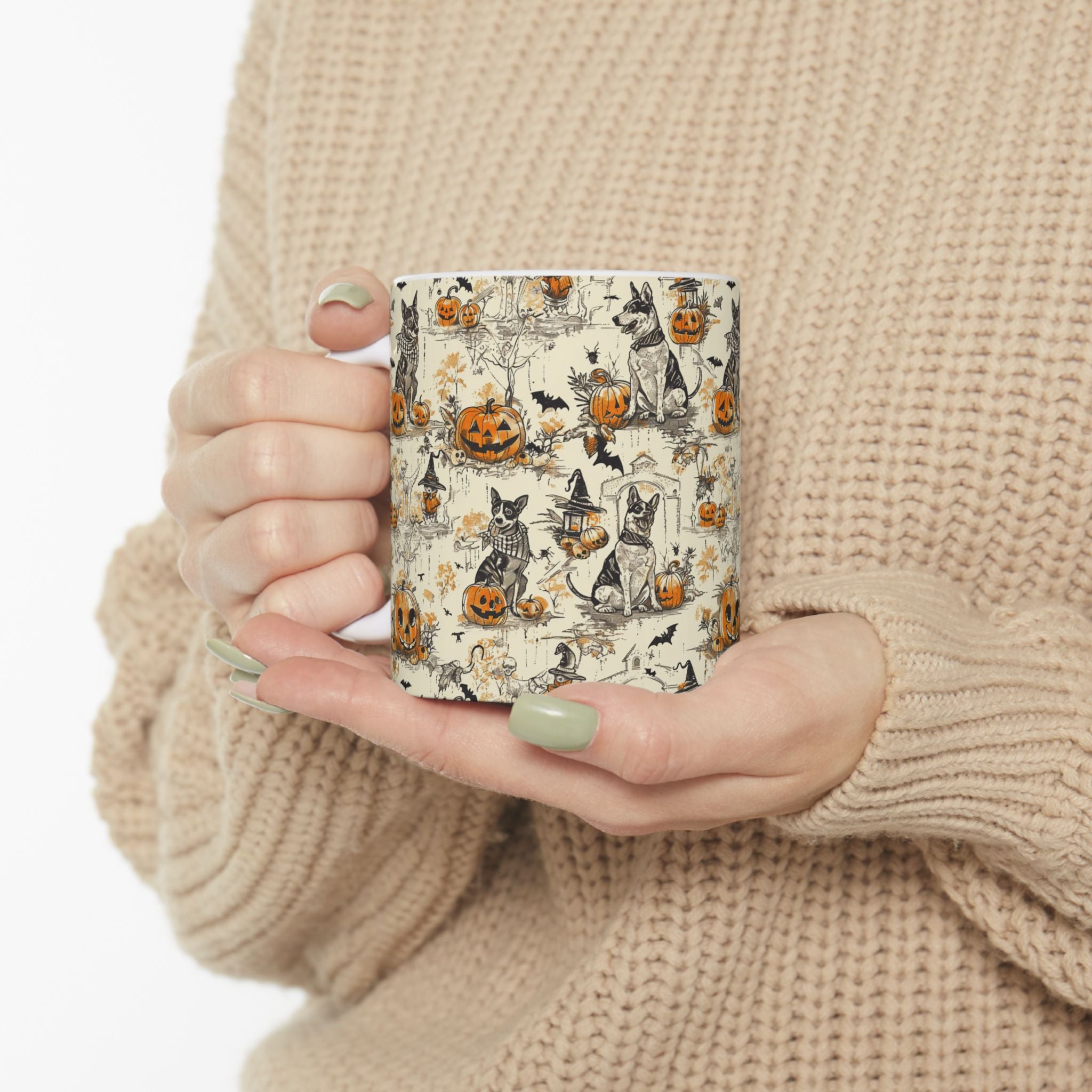 Vintage Halloween Dog Mug – Cozy Fall Coffee Cup with Pumpkins, Bats & Witchy Dogs