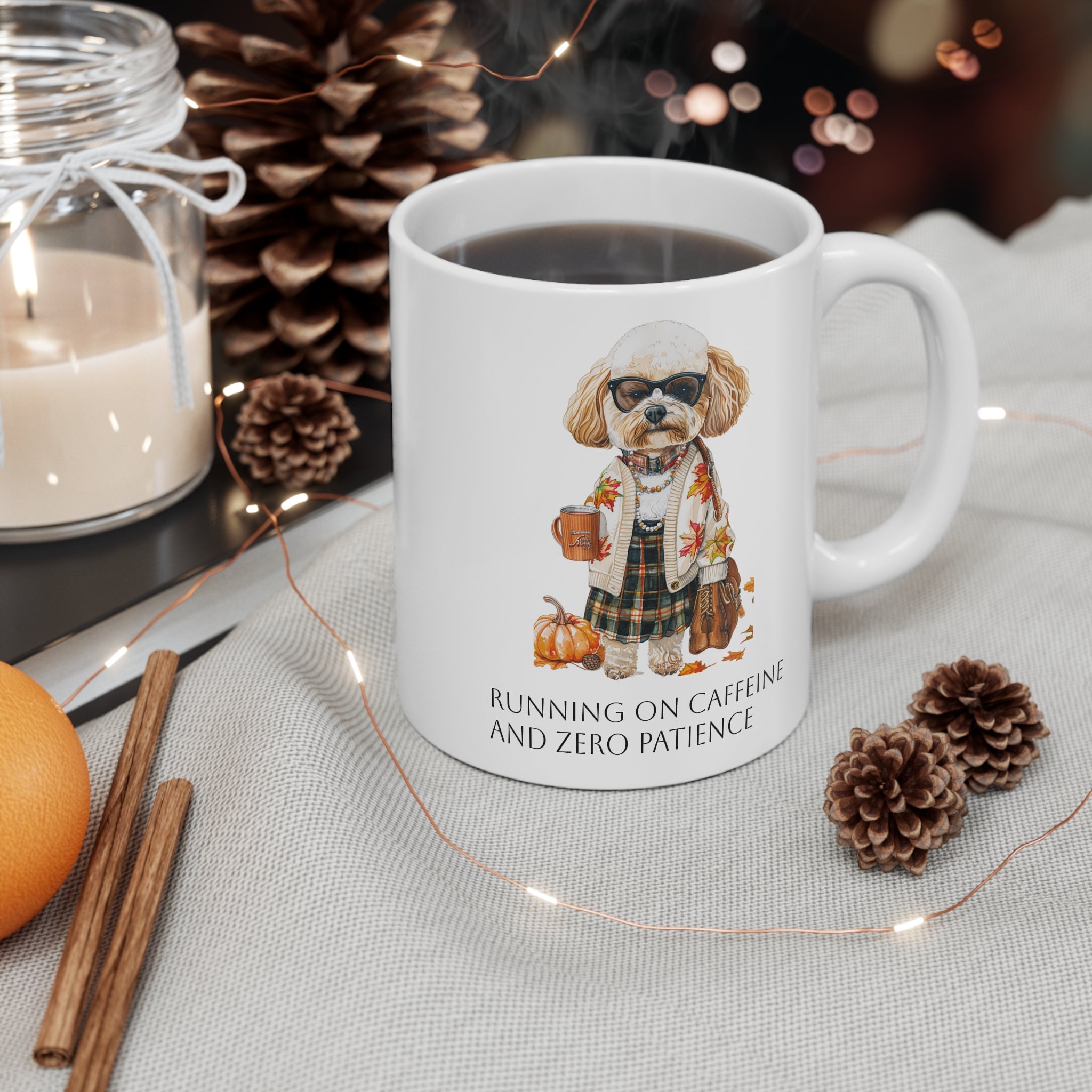 Running on Caffeine & Zero Patience Mug – Maison Florenne™ Sassy Fall Pup Edition