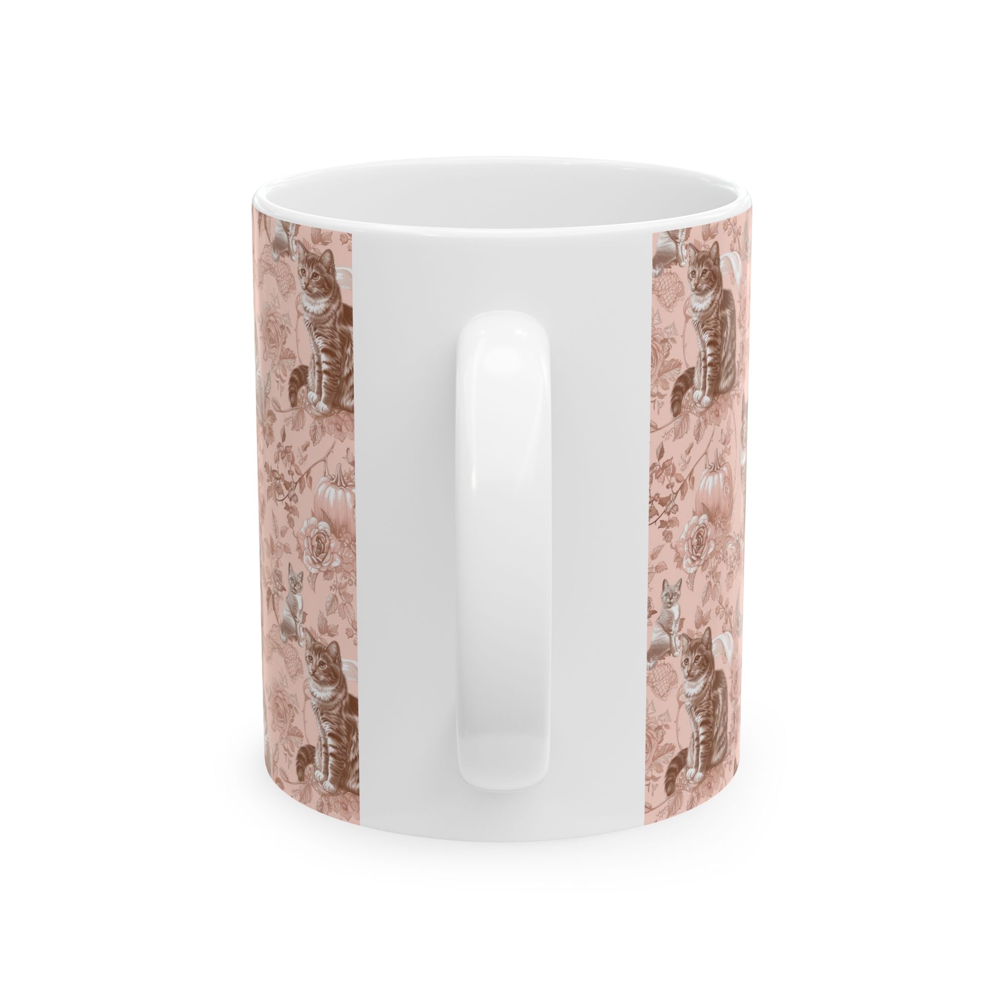 Blush Pumpkin Cat Mug – Vintage Toile Coffee Cup | Cozy Fall Gift for Cat Lovers