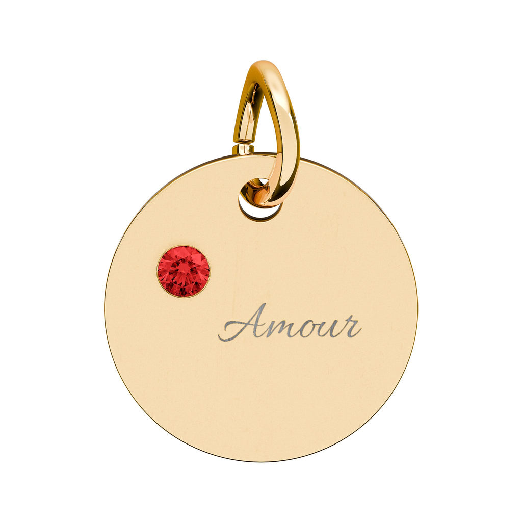 AMOUR Gold Plate CZ Ruby Charm – Romantic Keepsake Pendant, Birthstone Circle Charm (Engraving)