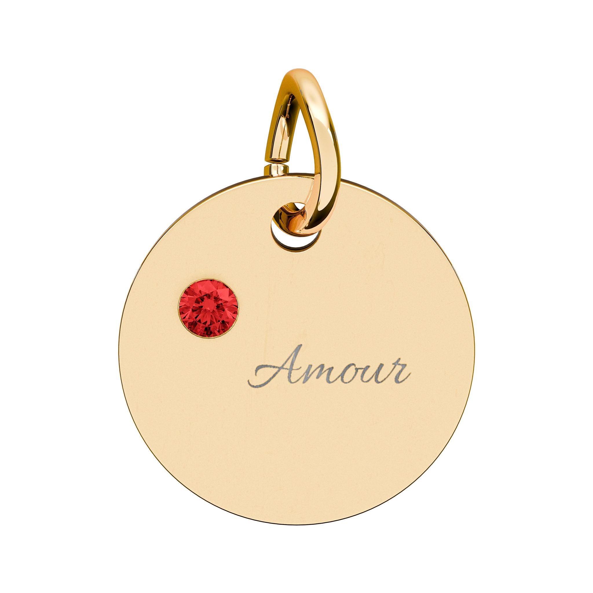 AMOUR Gold Plate CZ Ruby Charm – Romantic Keepsake Pendant, Birthstone Circle Charm (Engraving)