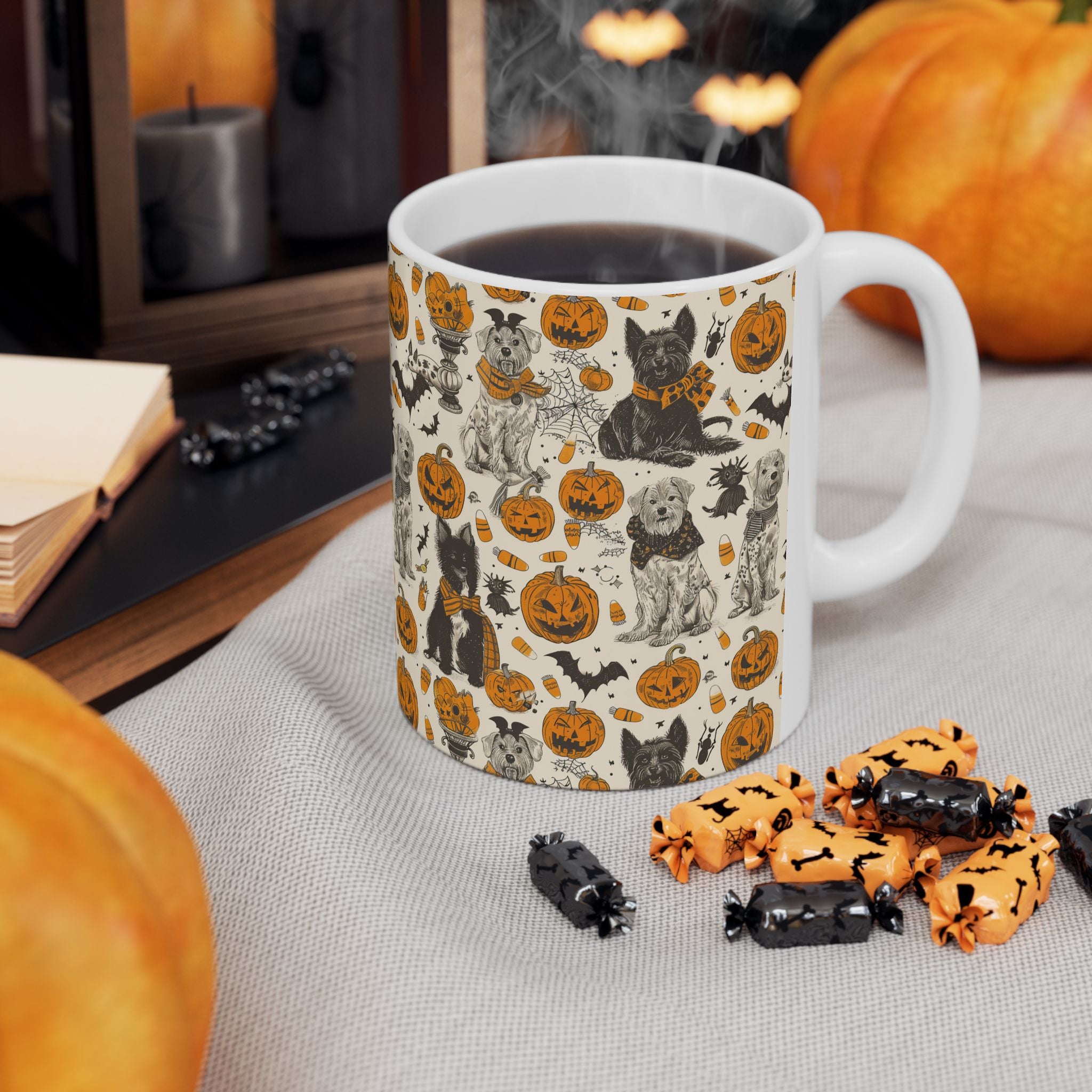 Halloween Dog Mug – Cozy Vintage Coffee Cup with Pumpkins, Candy Corn & Cute Dogs
