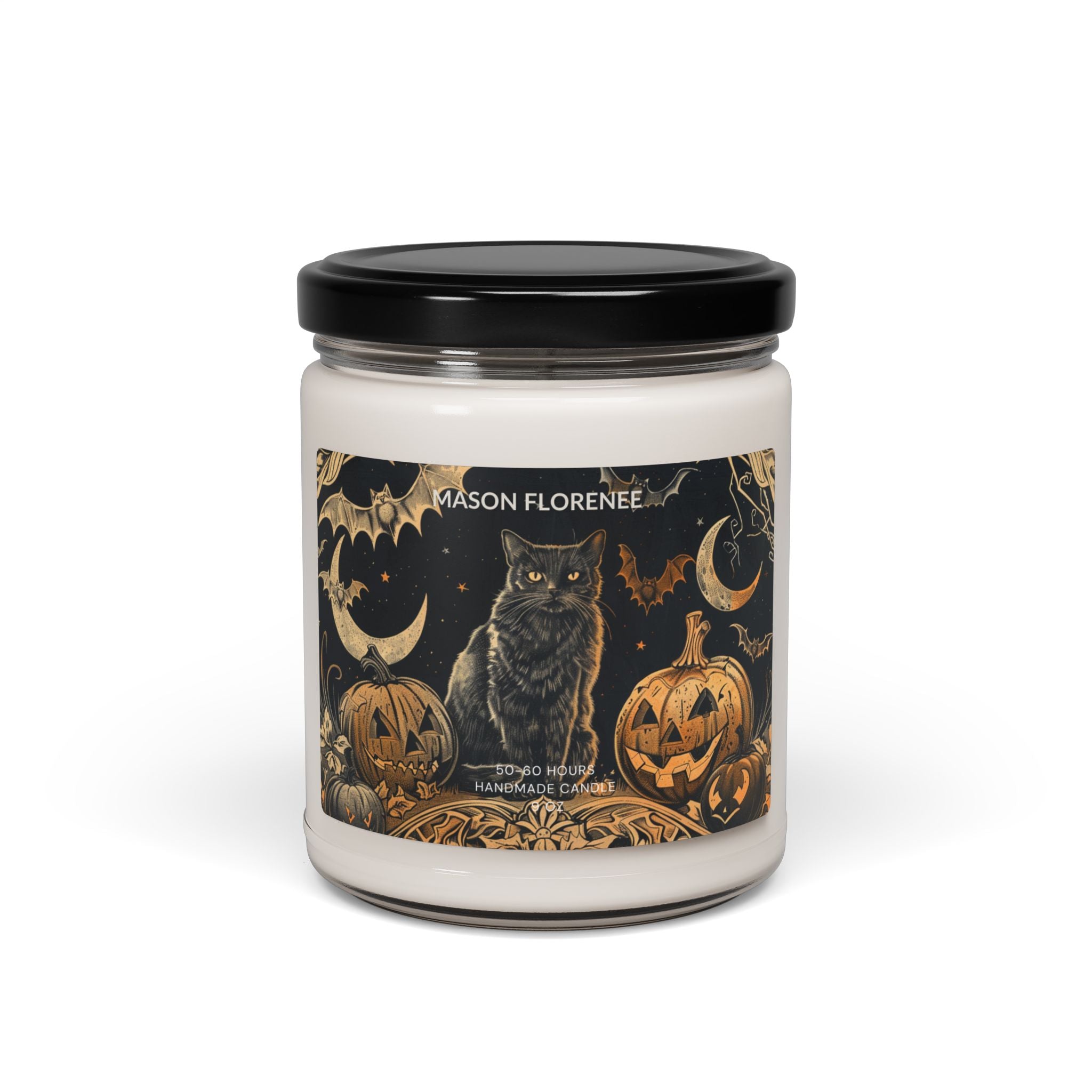 Maison Florenne™ Enchanted Black Cat Halloween Candle – Luxury Hand-Poured Soy, 50–60 Hours Burn