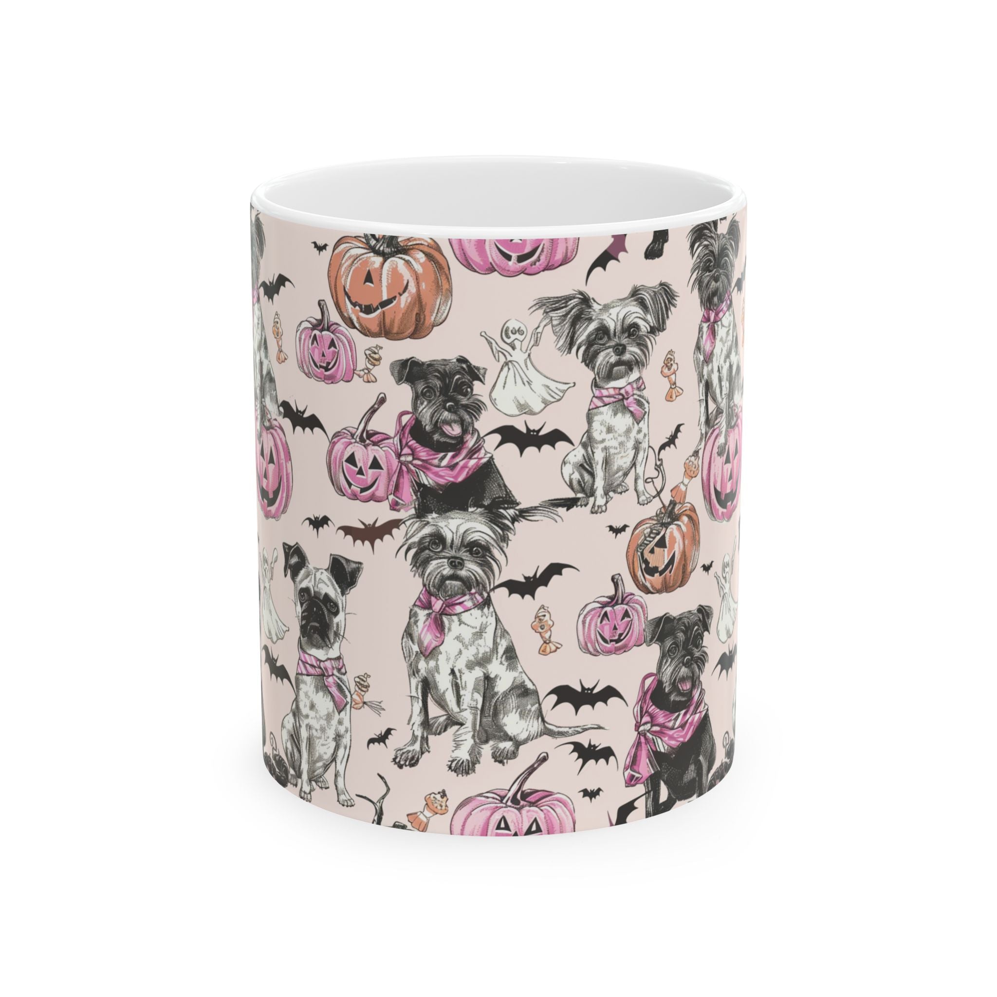 Pink Halloween Dog Mug – Cute Pug & Yorkie Coffee Cup with Pumpkins, Ghosts & Bats
