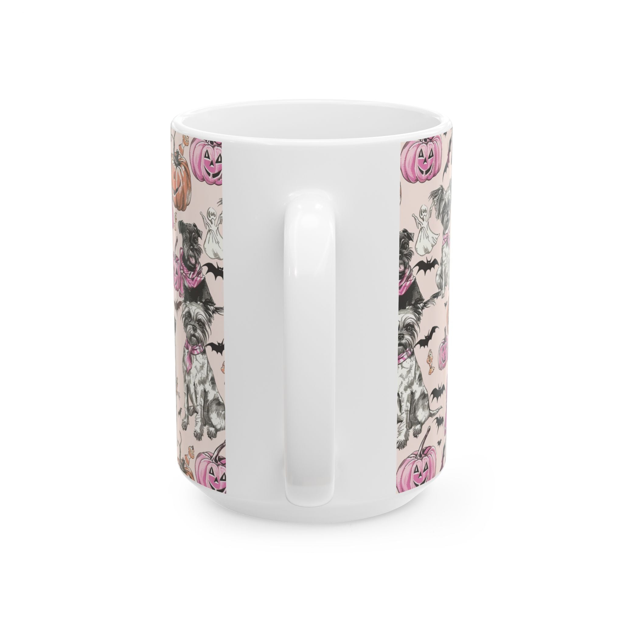 Pink Halloween Dog Mug – Cute Pug & Yorkie Coffee Cup with Pumpkins, Ghosts & Bats