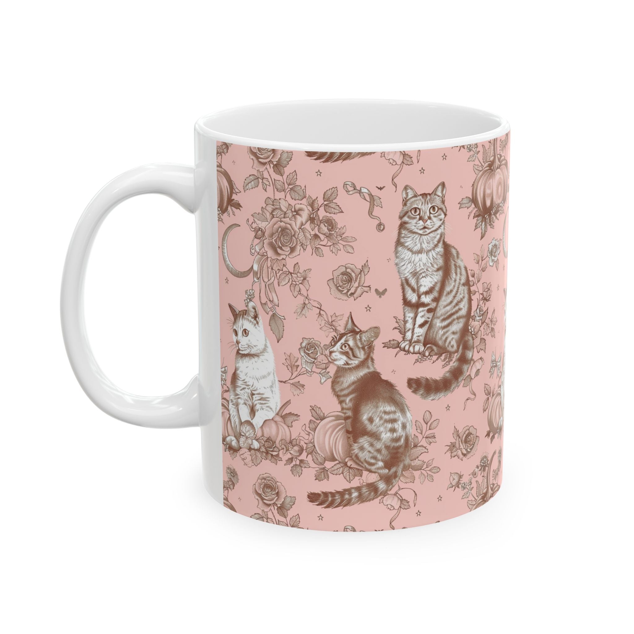 Vintage Blush Cat Mug – Pumpkin & Rose Toile Coffee Cup | Cozy Fall Gift for Cat Lovers