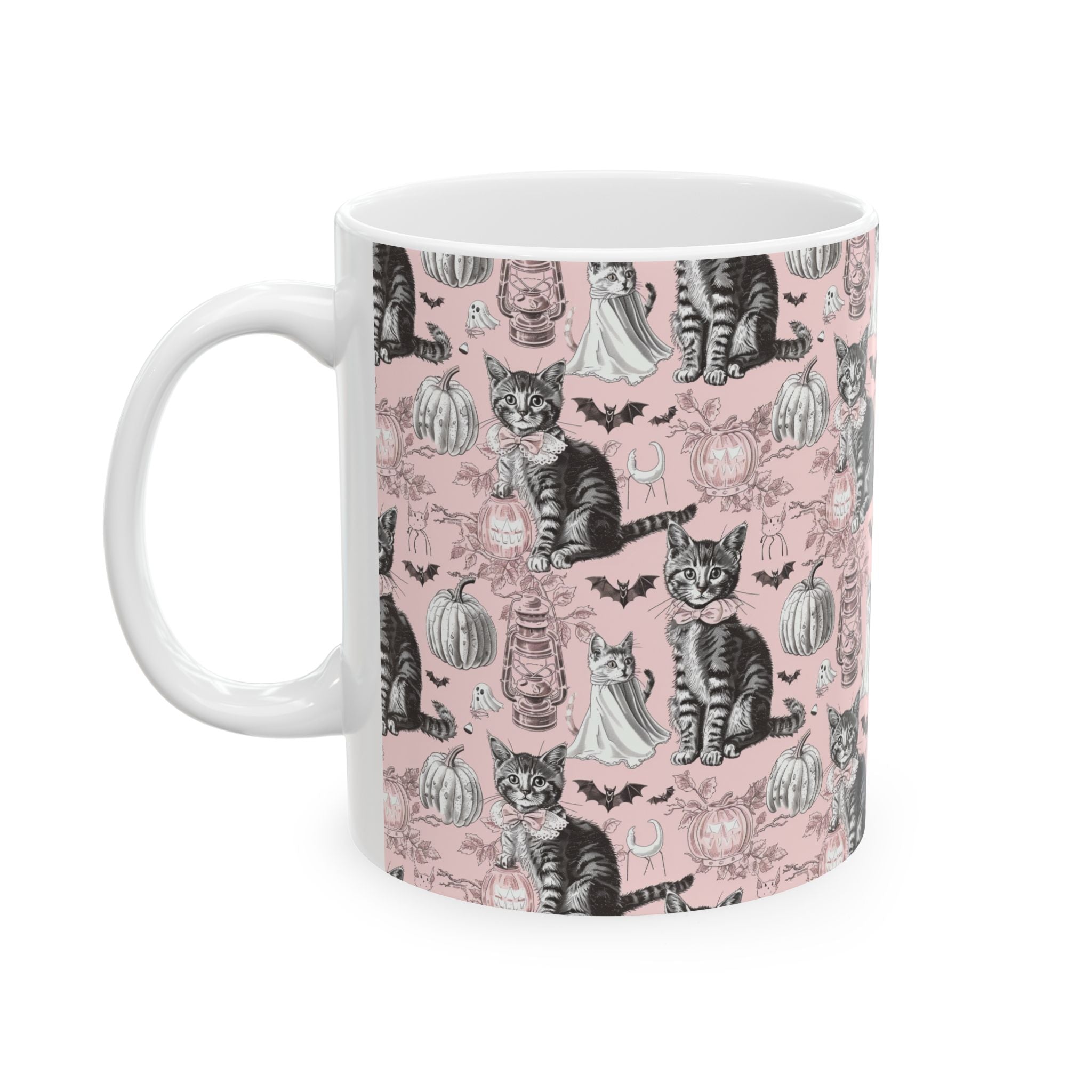 Blush Vintage Halloween Cat Mug – Cozy Pink Coffee Cup with Ghosts, Pumpkins & Black Cats
