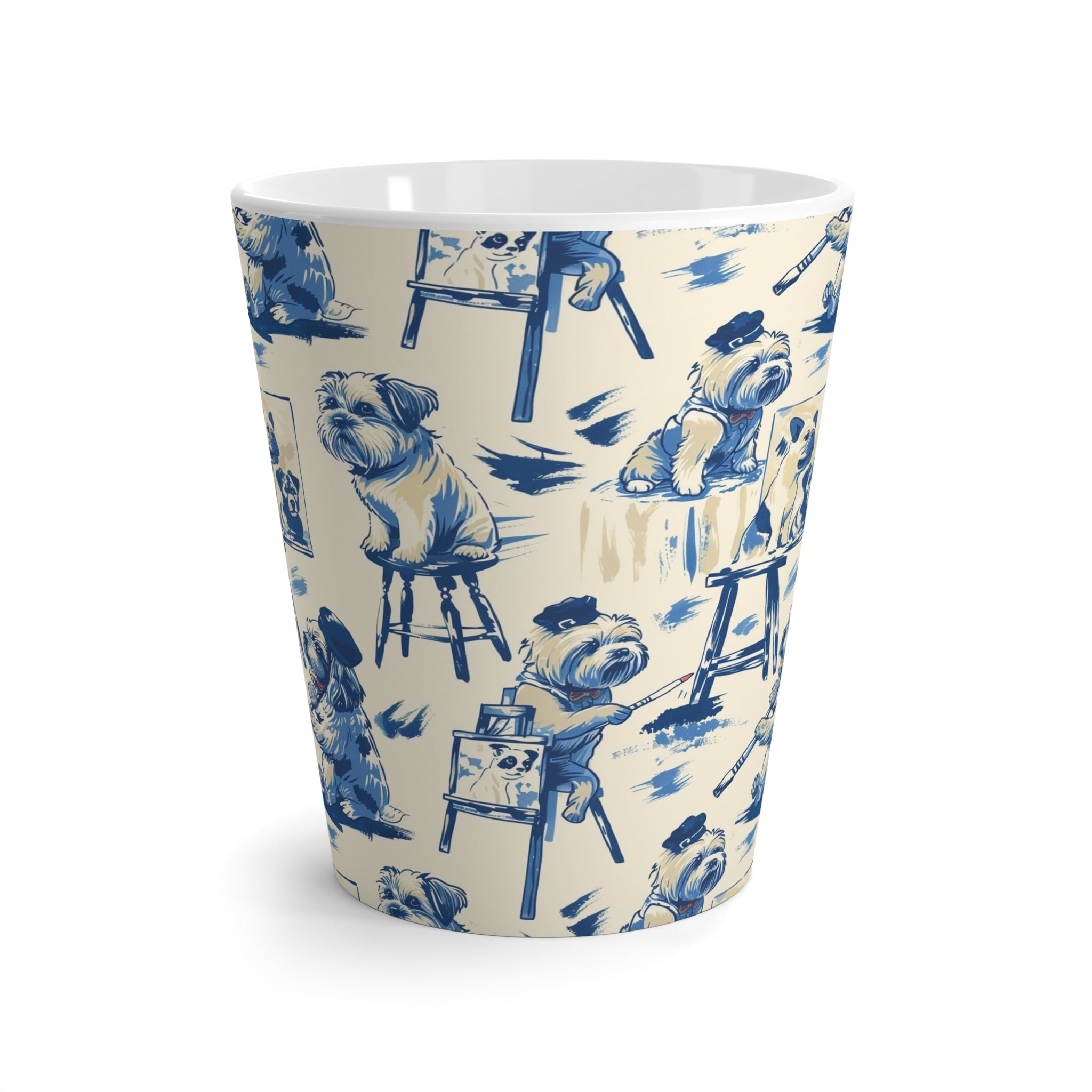 Blue Dog Painter Mug – Artistic Puppy Coffee Cup, Vintage Toile Illustration Style, Cute Dog Lover Gift, Creative Blue & Ivory Pattern
