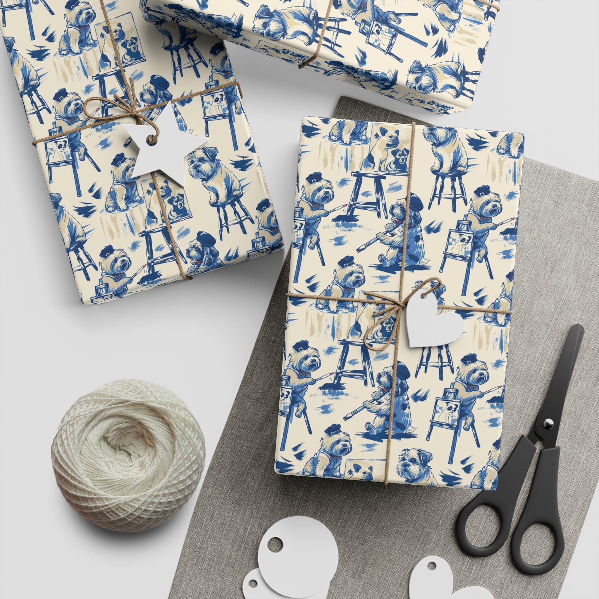 Blue Dog Painter Toile Wrapping Paper – Cute Artistic Puppy Gift Wrap, Vintage French Illustration Style, Luxury Boutique Packaging