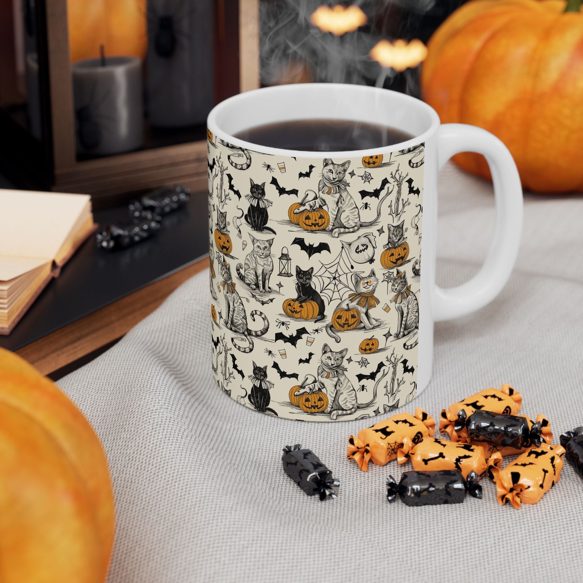 Cozy Vintage Halloween Cat Mug – Adorable Black Cats, Pumpkins & Bats Coffee Cup for Fall Lovers