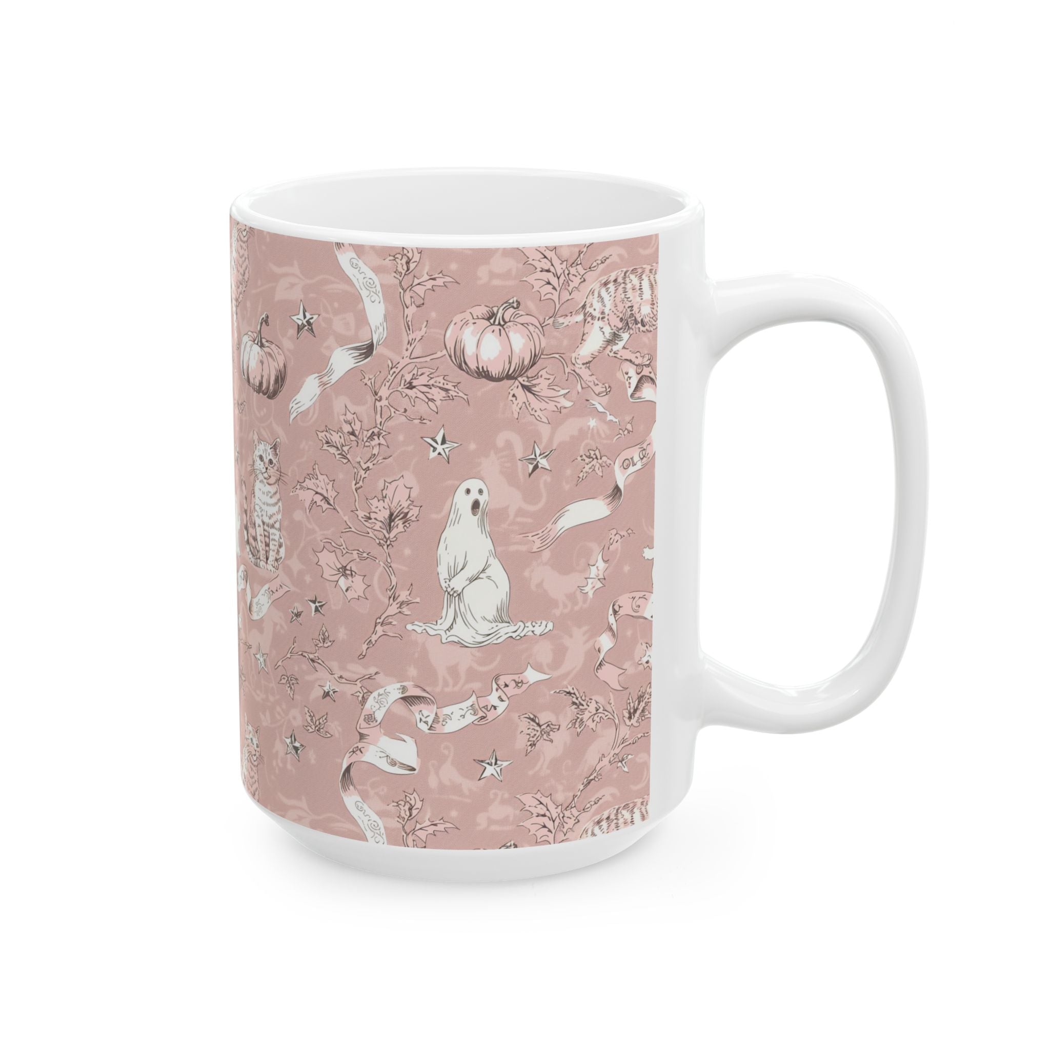 Blush Halloween Mug – Vintage Cat & Ghost Toile | Cozy Fall Coffee Cup