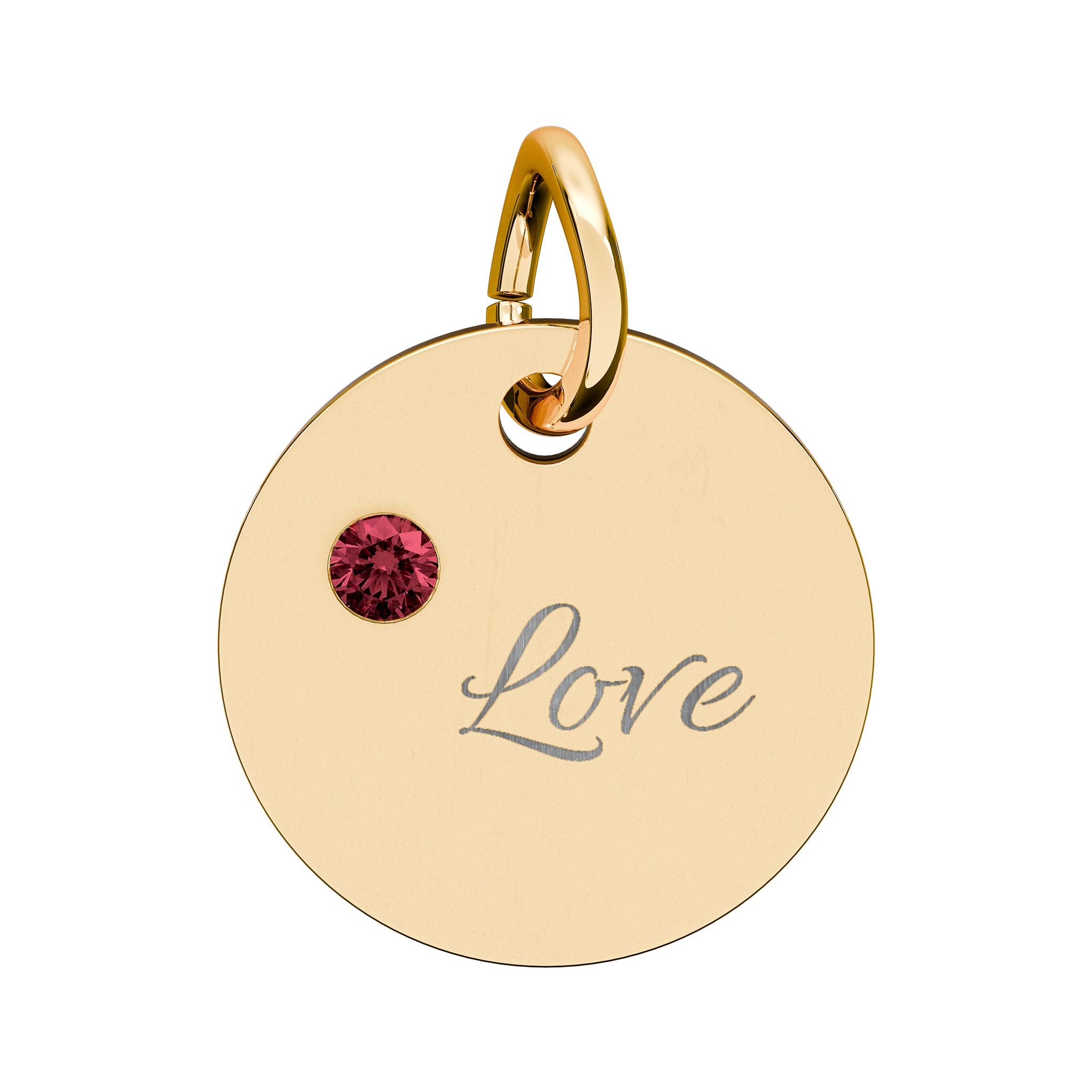 LOVE — Gold Plated Ruby Valentine Charm,  Birthstone Circle Charm (Engraving)