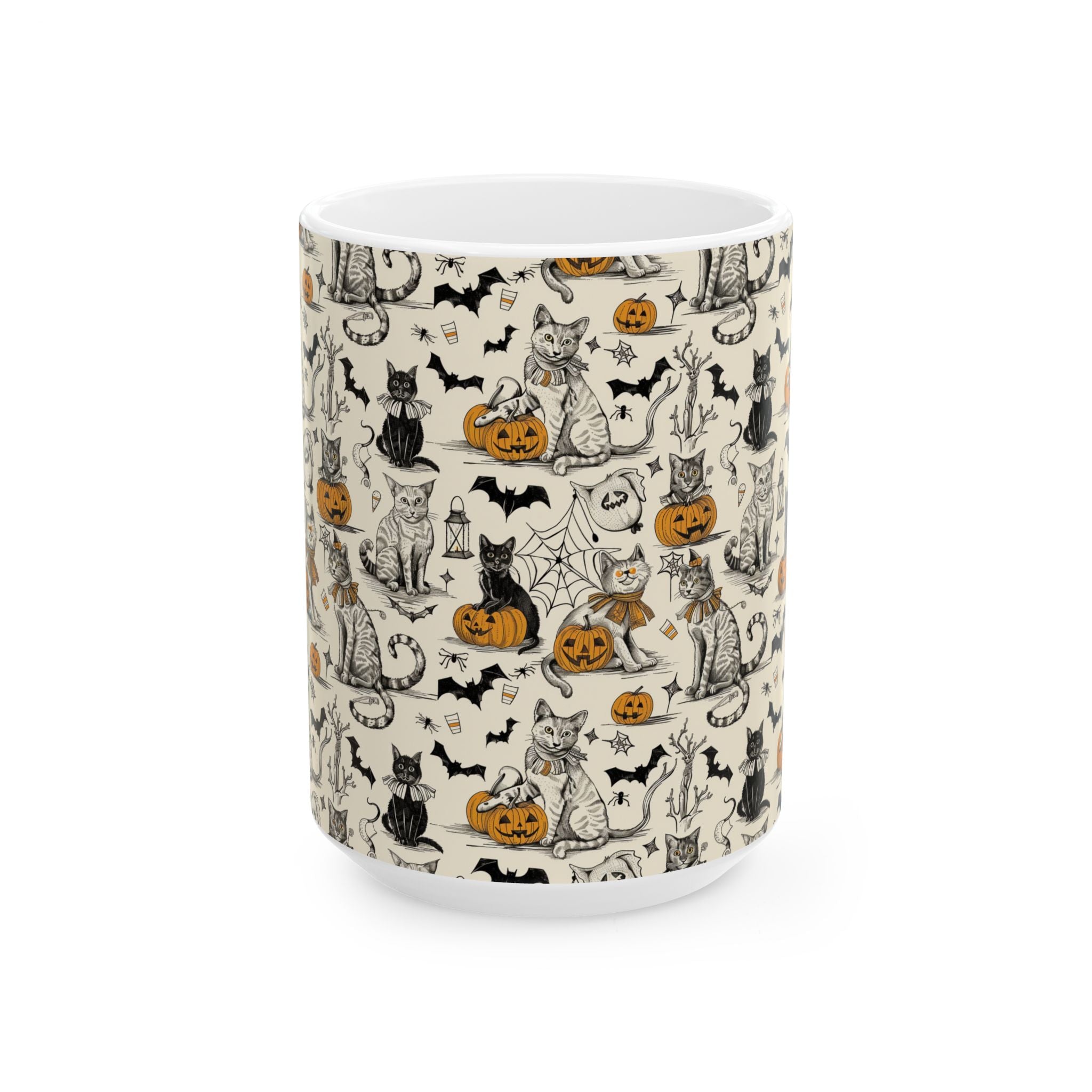 Cozy Vintage Halloween Cat Mug – Adorable Black Cats, Pumpkins & Bats Coffee Cup for Fall Lovers