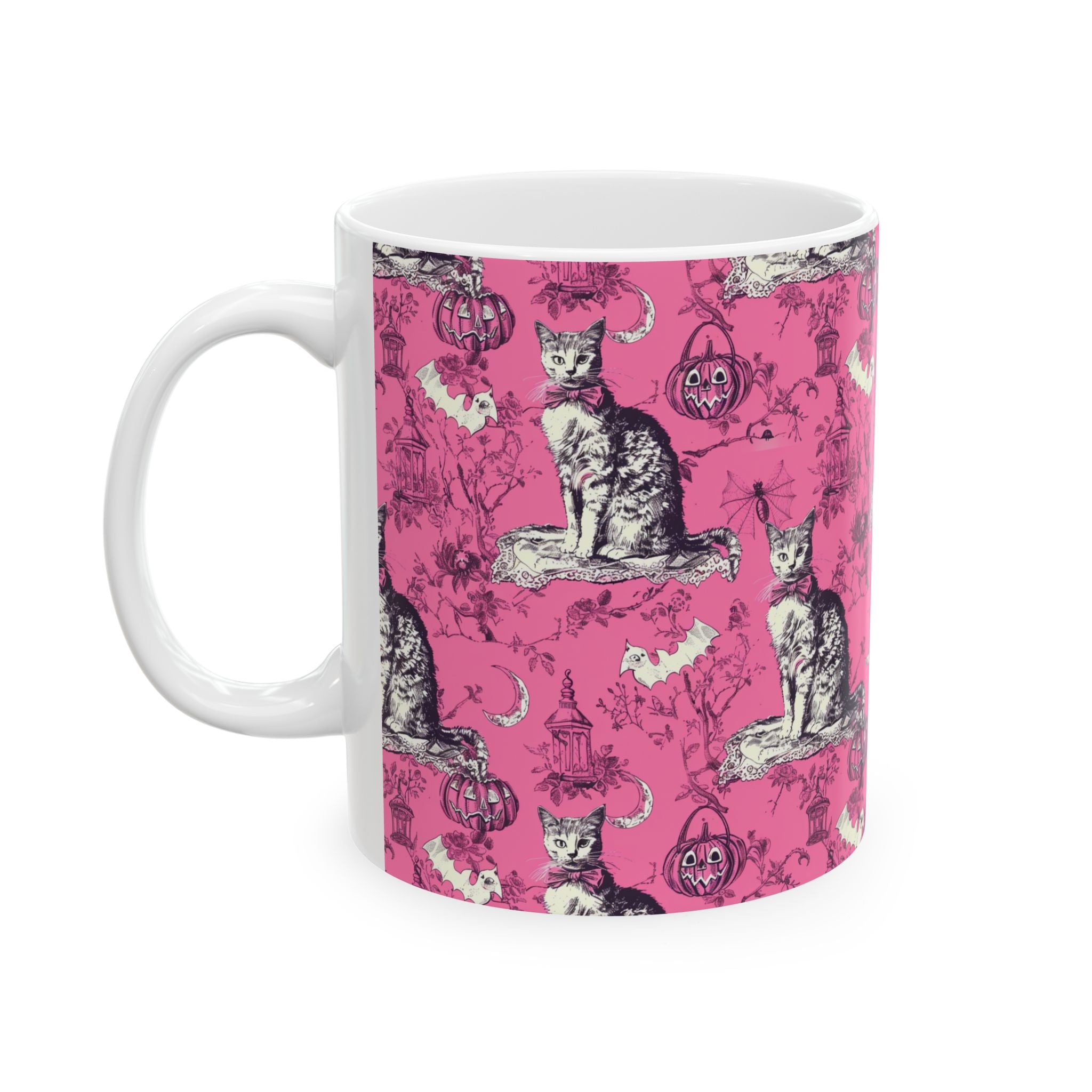Pink Gothic Halloween Cat Mug – Vintage Black Cat Toile Coffee Cup for Fall Lovers