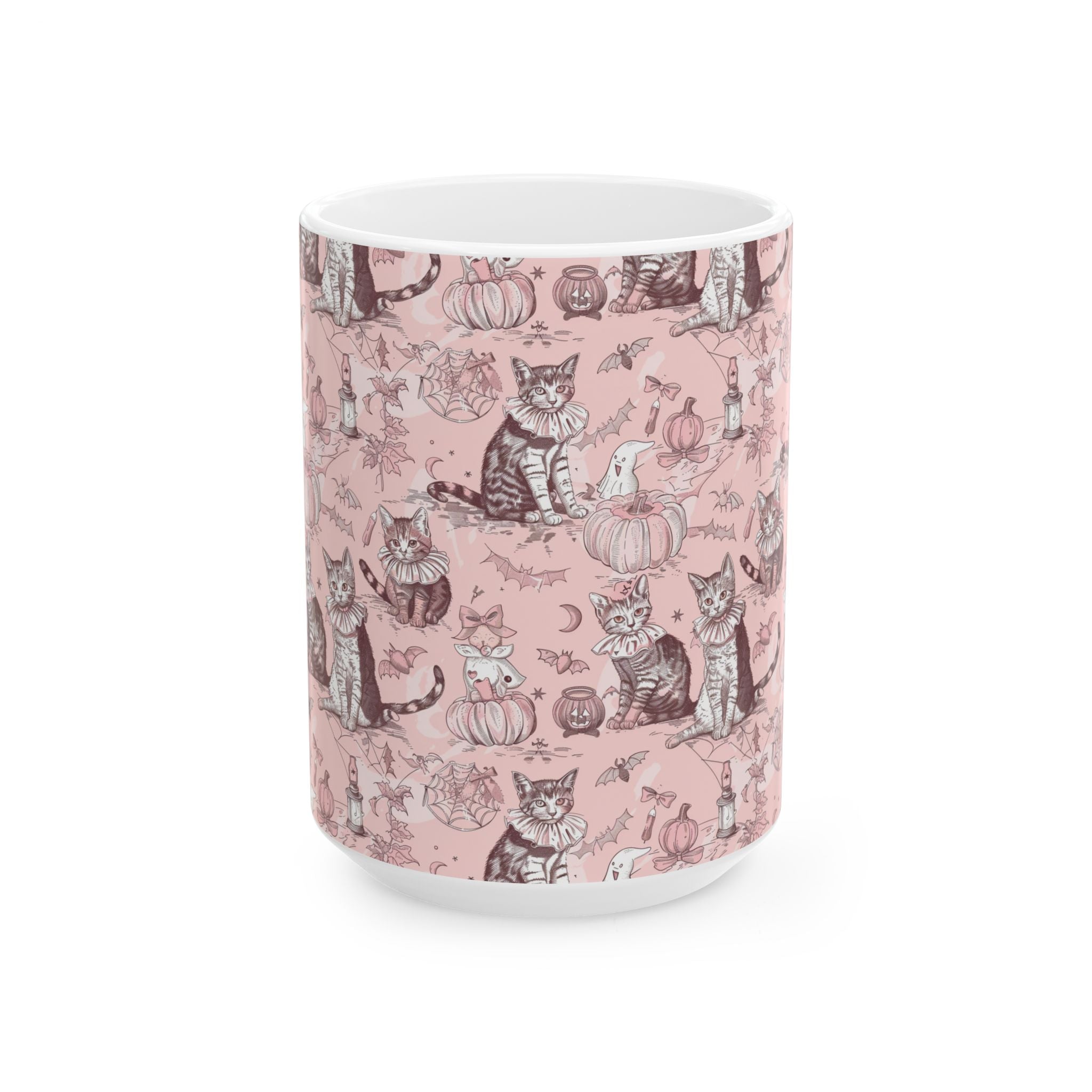 Blush Halloween Cat Mug – Cute Vintage Cats, Pumpkins & Ghosts Coffee Cup for Fall Lovers