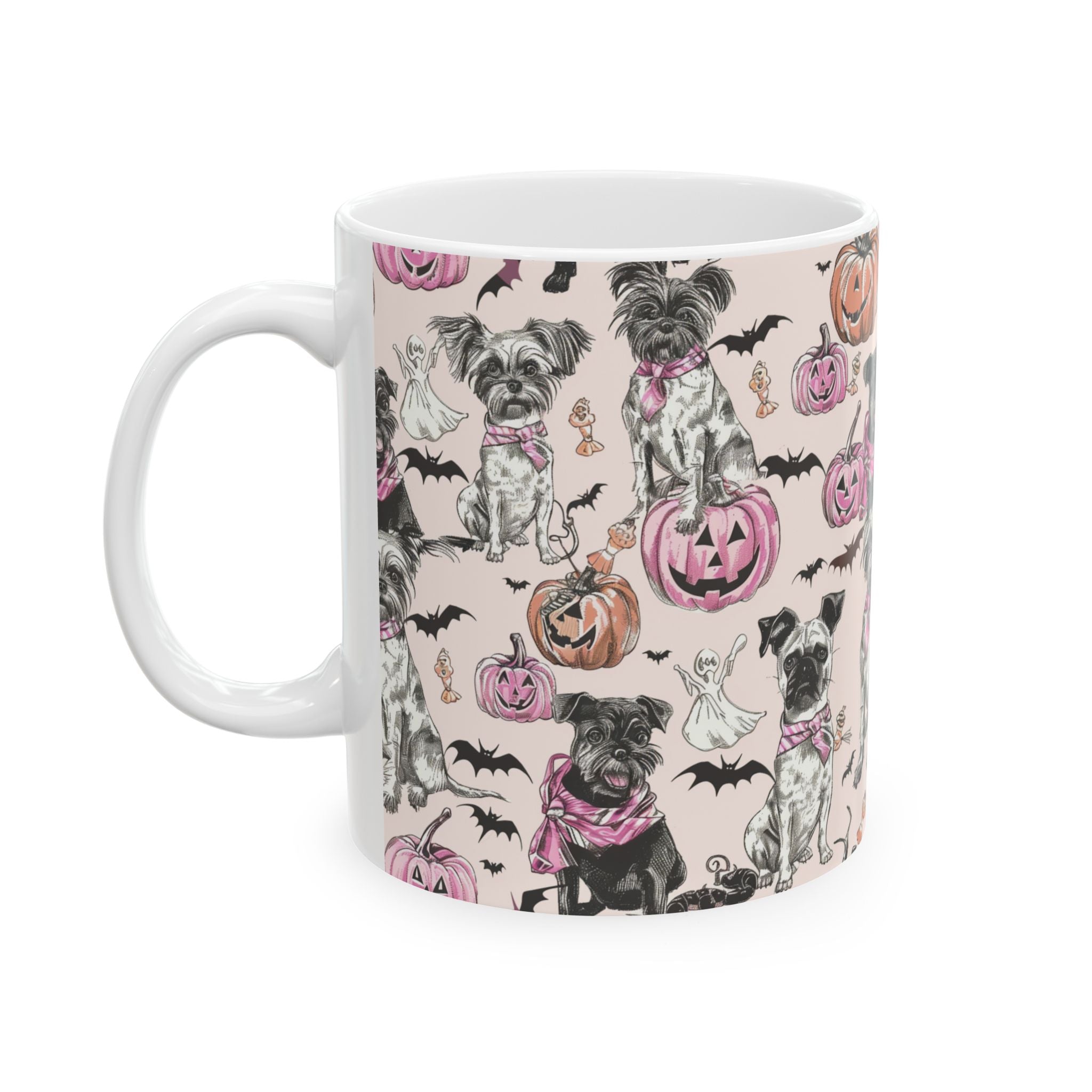 Pink Halloween Dog Mug – Cute Pug & Yorkie Coffee Cup with Pumpkins, Ghosts & Bats
