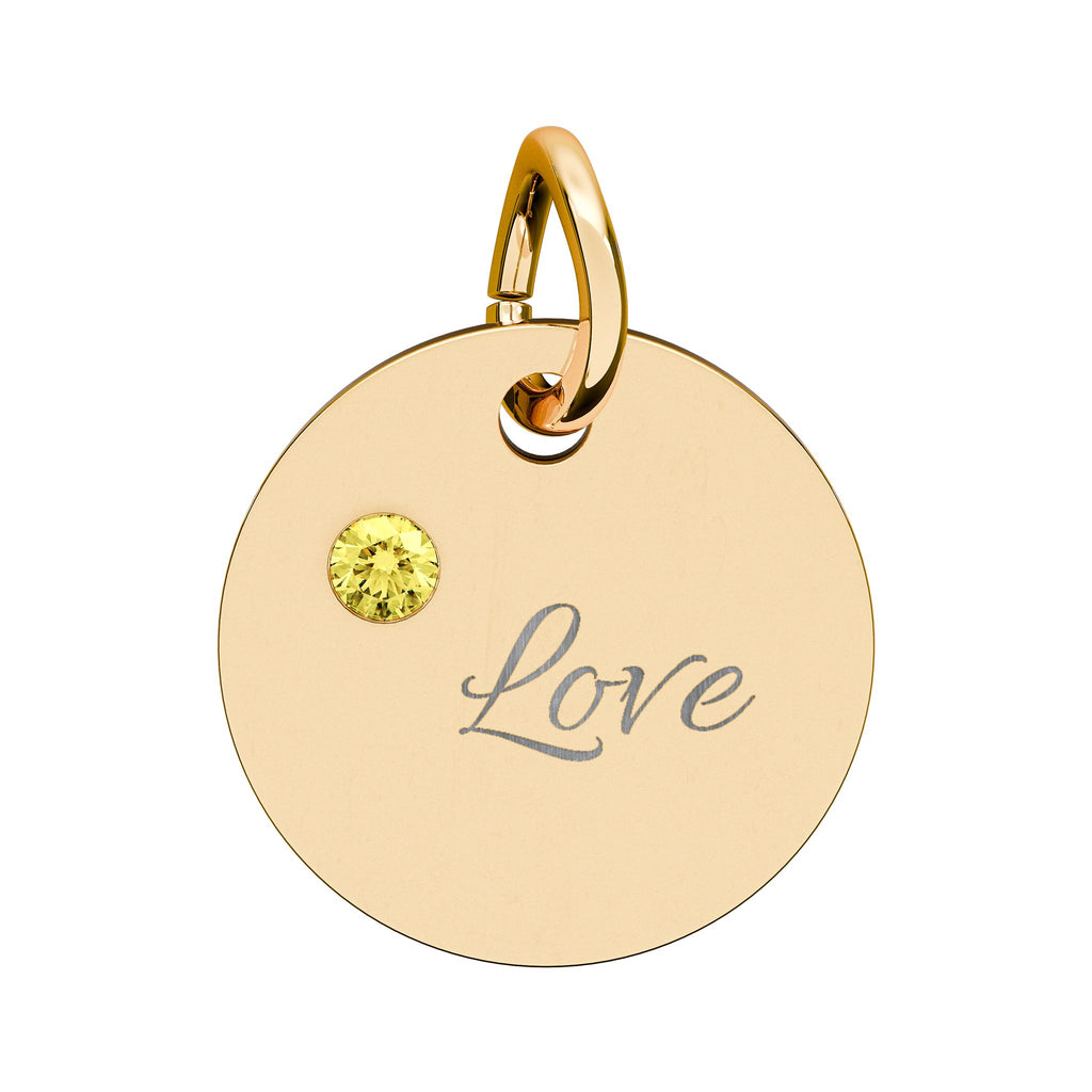 LOVE — Gold Plated Ruby Valentine Charm,  Birthstone Circle Charm (Engraving)