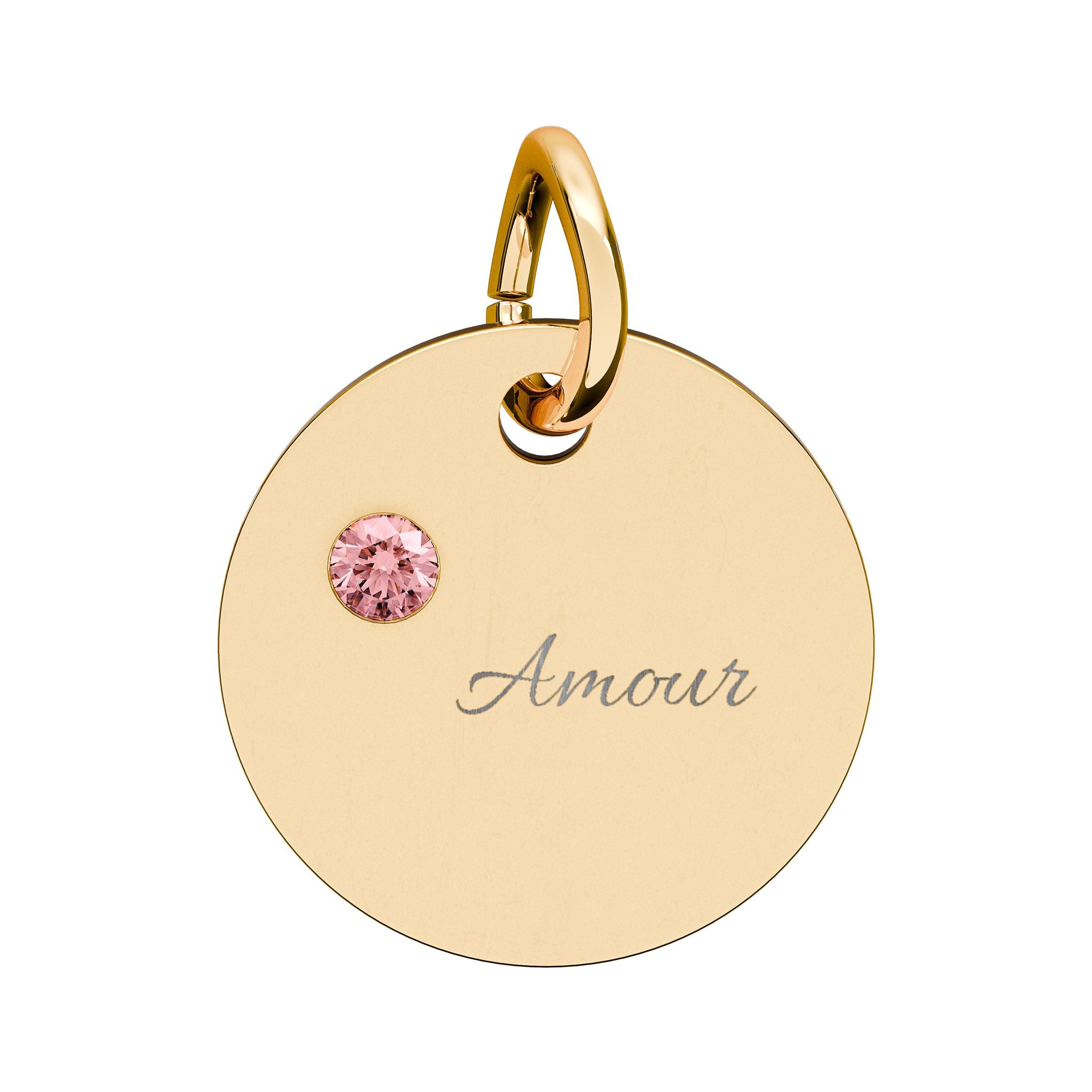 AMOUR Gold Plate CZ Ruby Charm – Romantic Keepsake Pendant, Birthstone Circle Charm (Engraving)