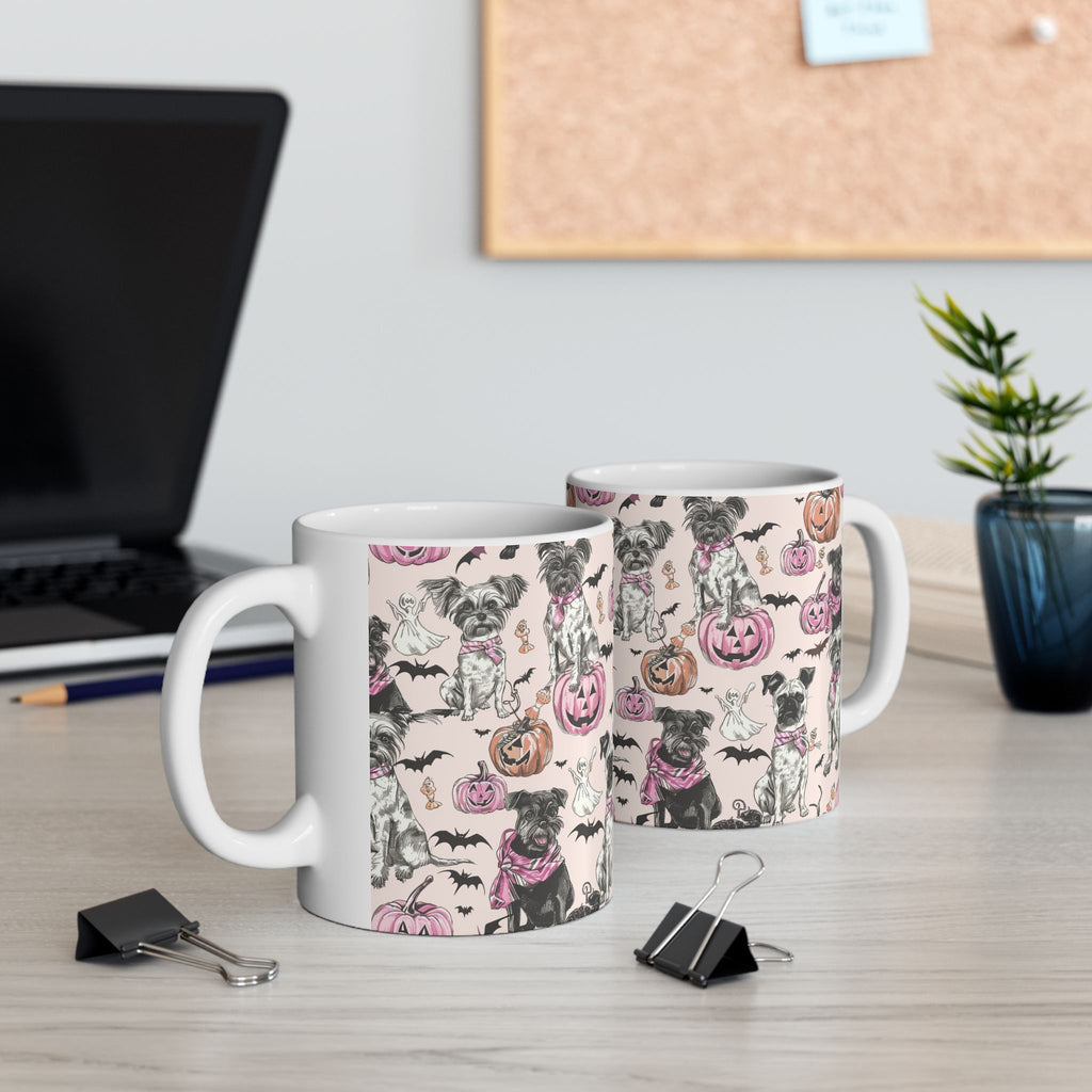 Pink Halloween Dog Mug – Cute Pug & Yorkie Coffee Cup with Pumpkins, Ghosts & Bats