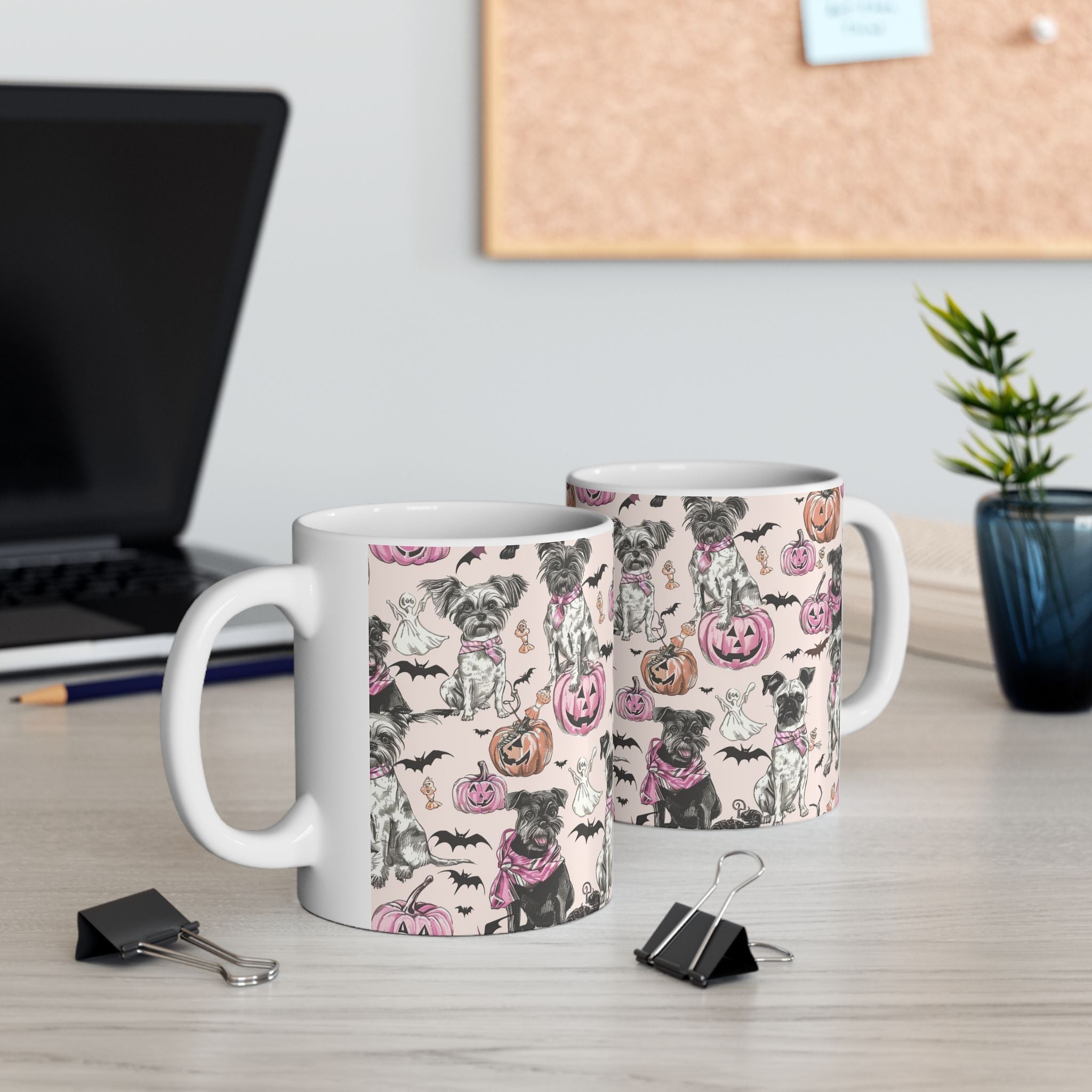 Pink Halloween Dog Mug – Cute Pug & Yorkie Coffee Cup with Pumpkins, Ghosts & Bats
