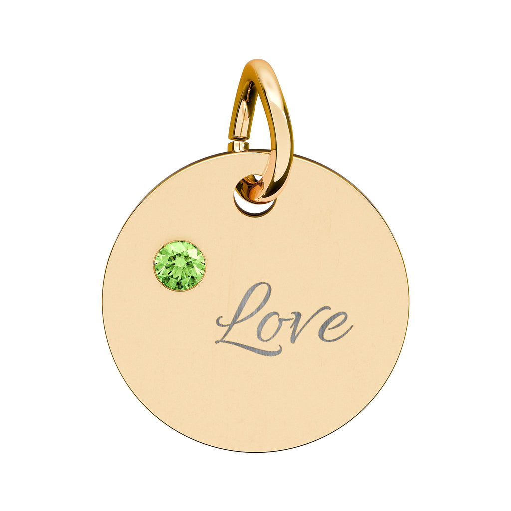 LOVE — Gold Plated Ruby Valentine Charm,  Birthstone Circle Charm (Engraving)