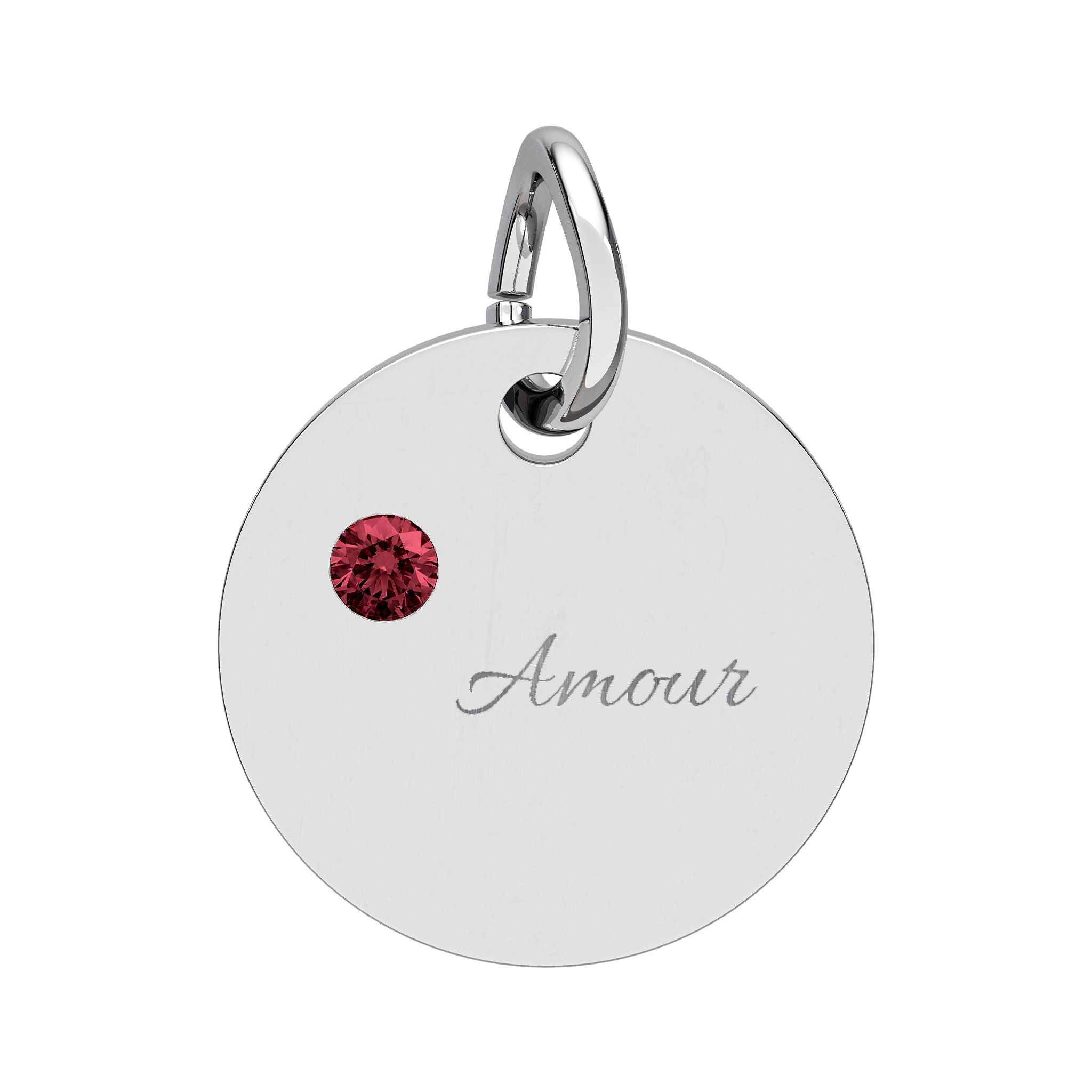 AMOUR Gold Plate CZ Ruby Charm – Romantic Keepsake Pendant, Birthstone Circle Charm (Engraving)