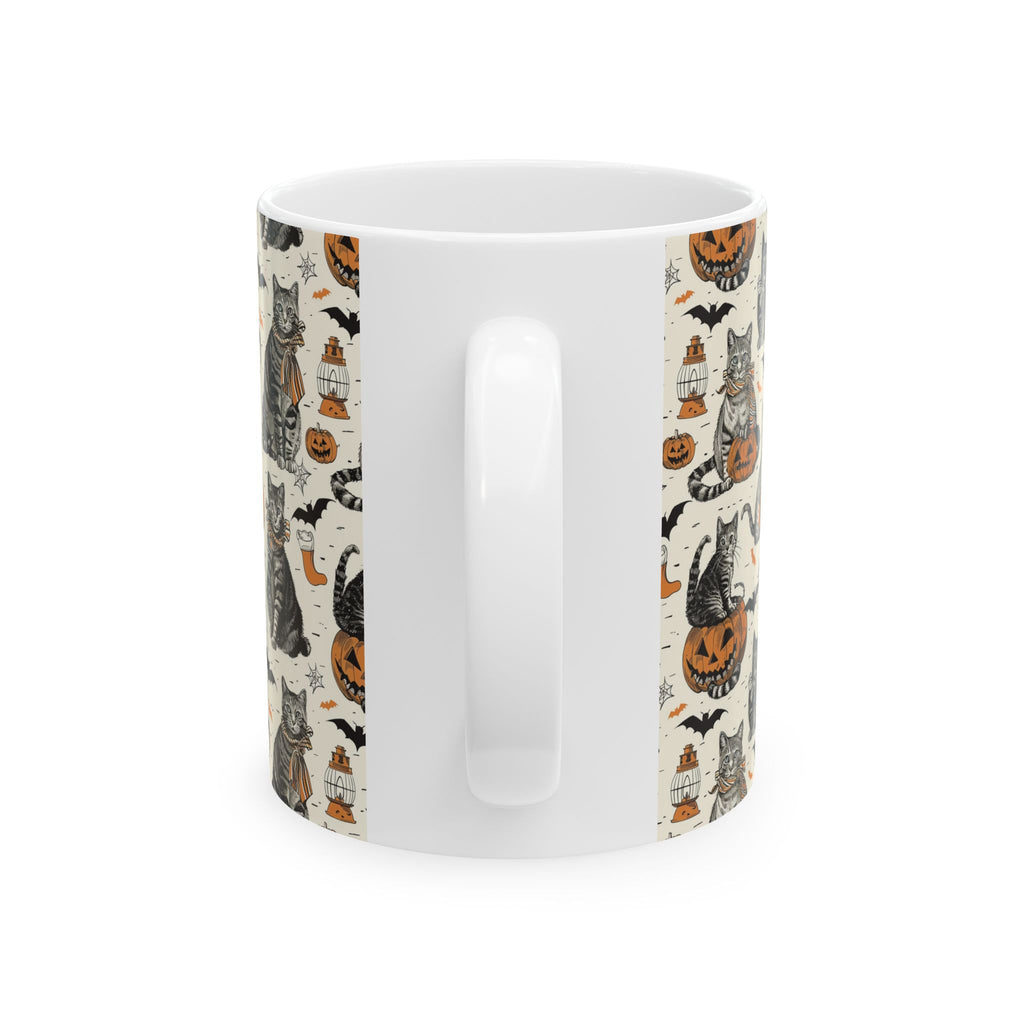 Vintage Halloween Cat Mug – Cozy Autumn Coffee Cup with Pumpkins, Bats & Black Cats