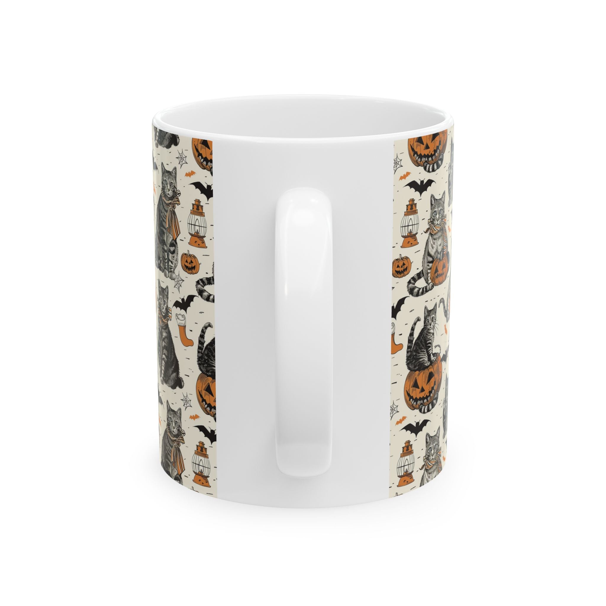 Vintage Halloween Cat Mug – Cozy Autumn Coffee Cup with Pumpkins, Bats & Black Cats