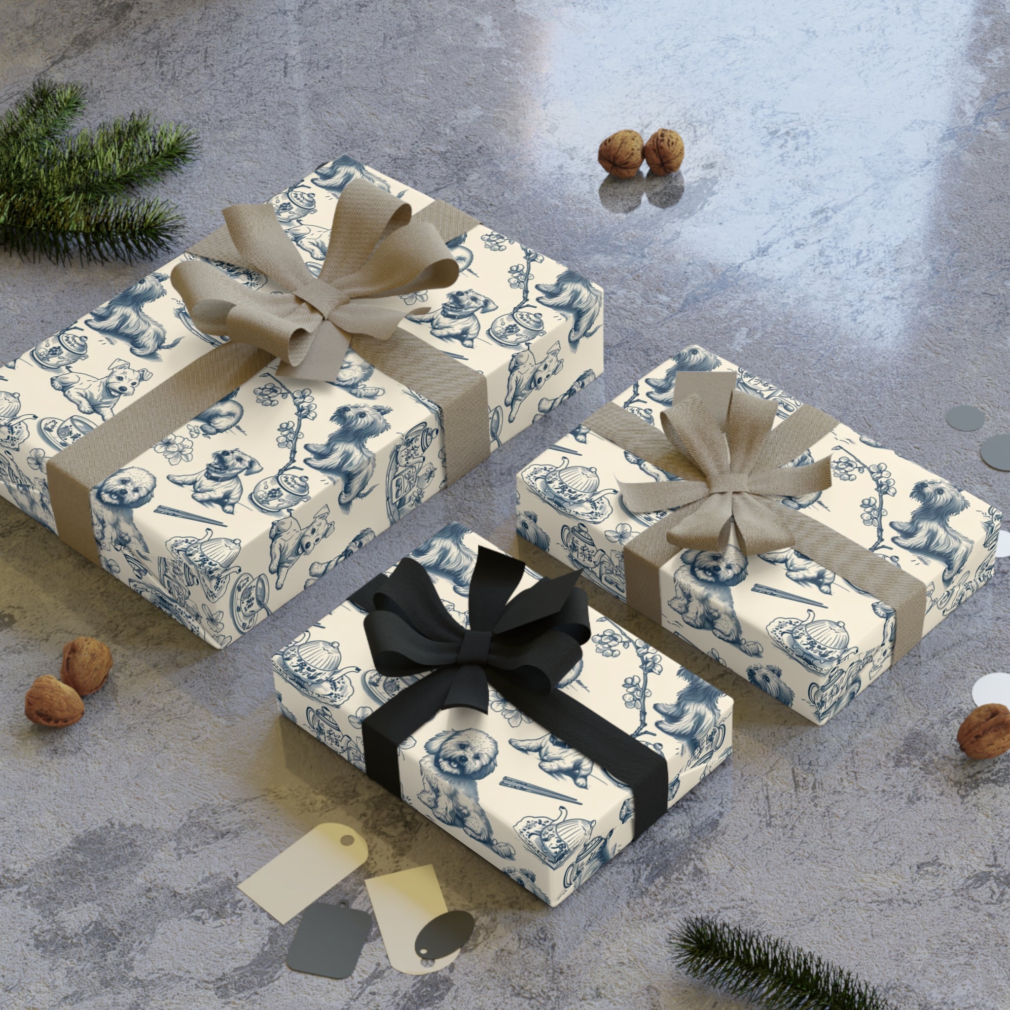 Blue Toile Puppy Wrapping Paper – Vintage Dog Pattern Gift Wrap for Baby Showers, Birthdays & Pet Lovers