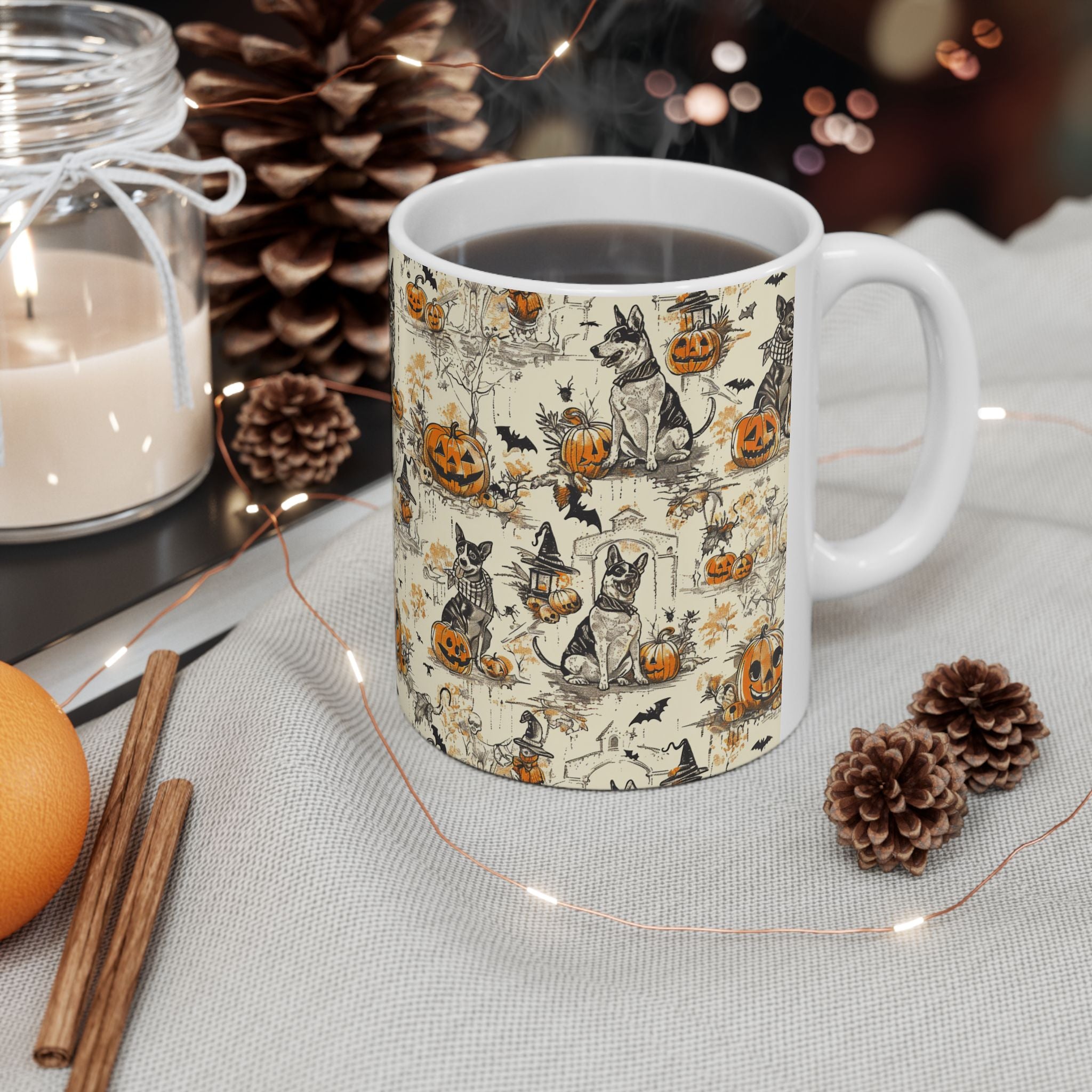Vintage Halloween Dog Mug – Cozy Fall Coffee Cup with Pumpkins, Bats & Witchy Dogs