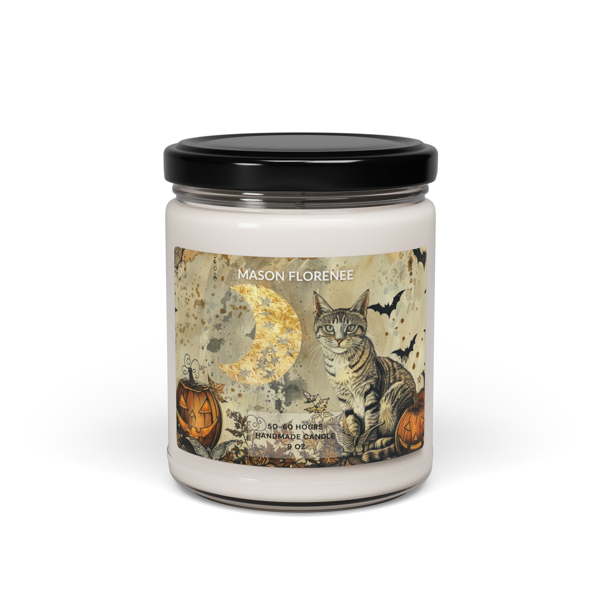 Maison Florenne™ Enchanted Black Cat Halloween Candle – Luxury Hand-Poured Soy, 50–60 Hours Burn