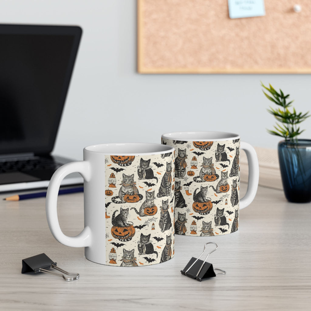 Vintage Halloween Cat Mug – Cozy Autumn Coffee Cup with Pumpkins, Bats & Black Cats