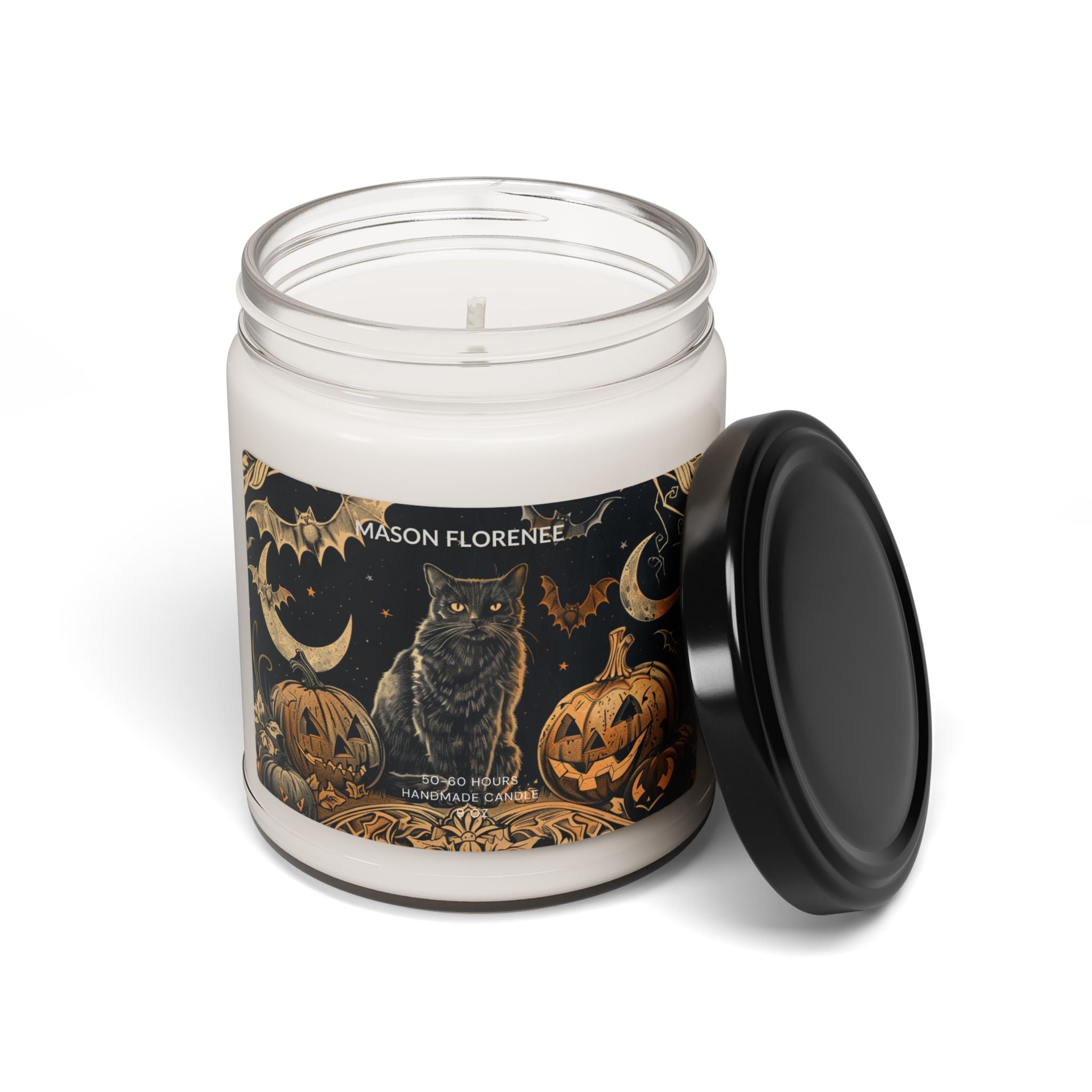 Maison Florenne™ Enchanted Black Cat Halloween Candle – Luxury Hand-Poured Soy, 50–60 Hours Burn
