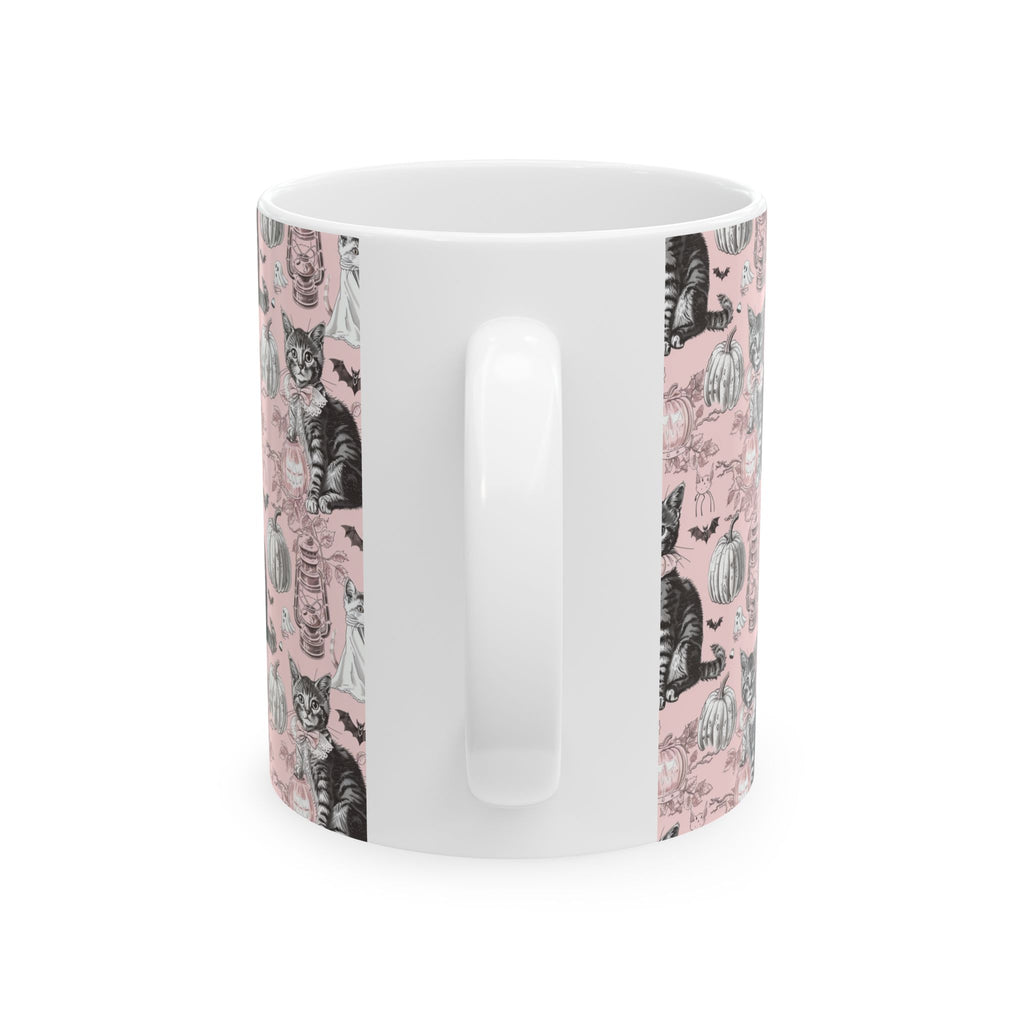 Blush Vintage Halloween Cat Mug – Cozy Pink Coffee Cup with Ghosts, Pumpkins & Black Cats