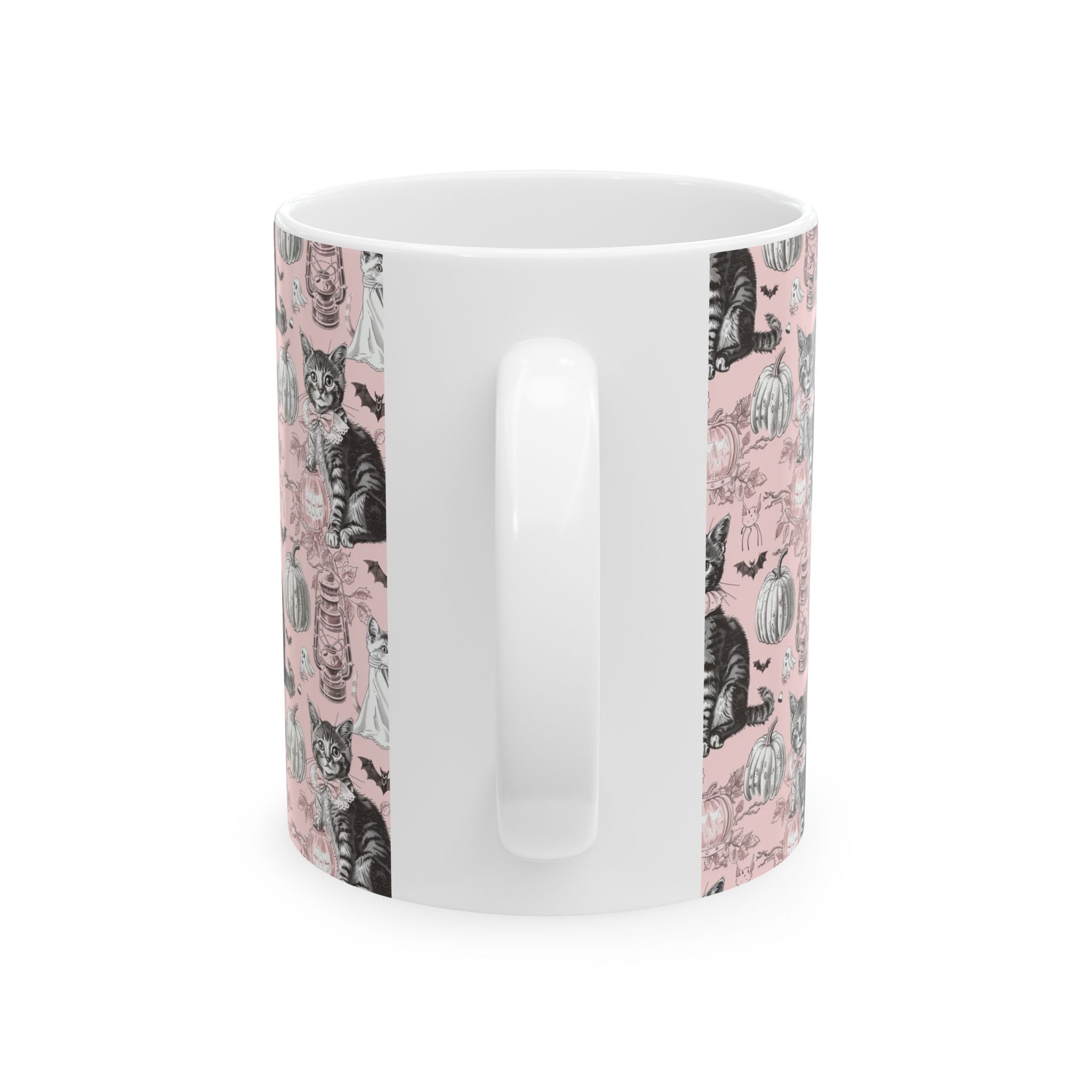 Blush Vintage Halloween Cat Mug – Cozy Pink Coffee Cup with Ghosts, Pumpkins & Black Cats