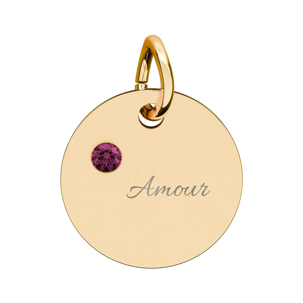 AMOUR Gold Plate CZ Ruby Charm – Romantic Keepsake Pendant, Birthstone Circle Charm (Engraving)