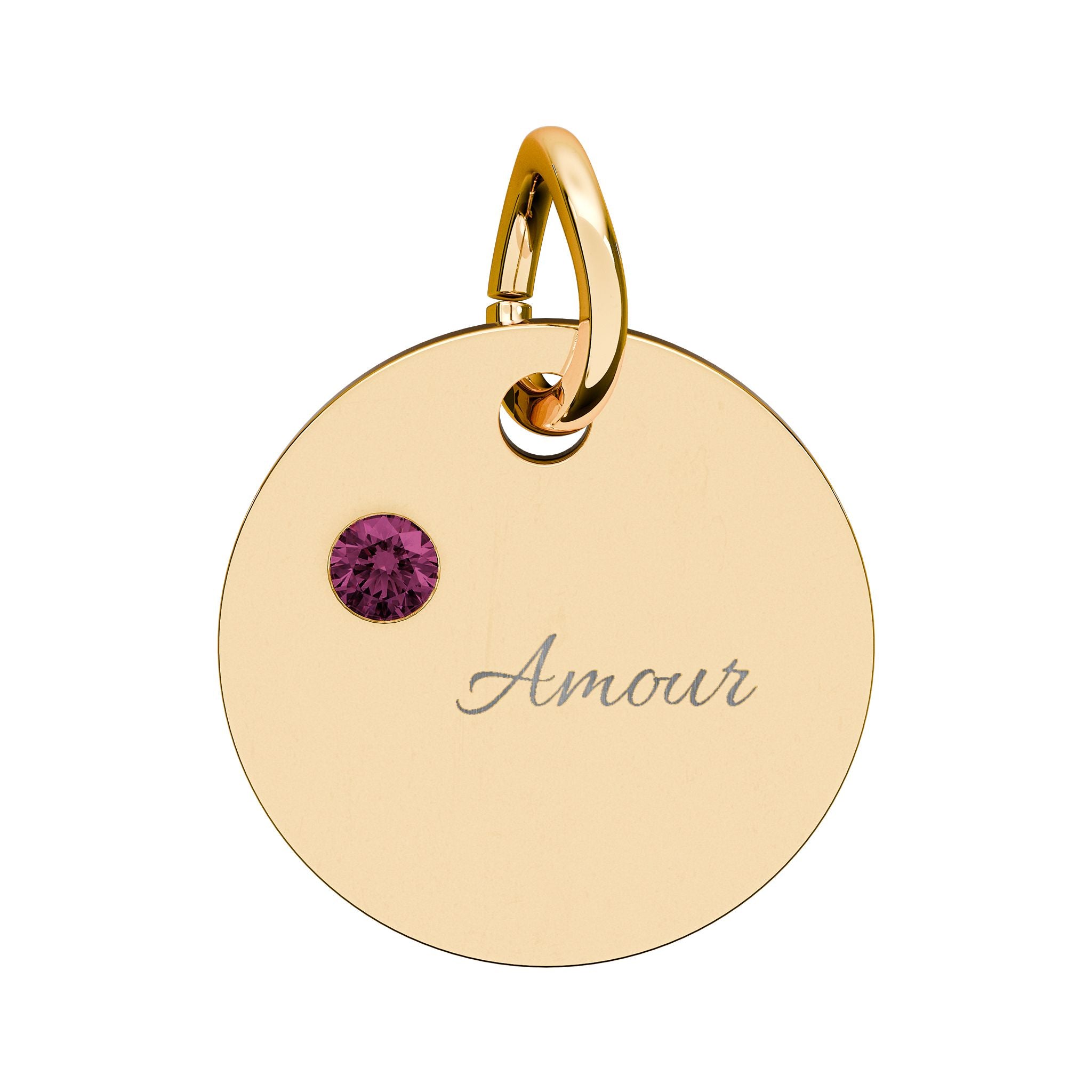 AMOUR Gold Plate CZ Ruby Charm – Romantic Keepsake Pendant, Birthstone Circle Charm (Engraving)
